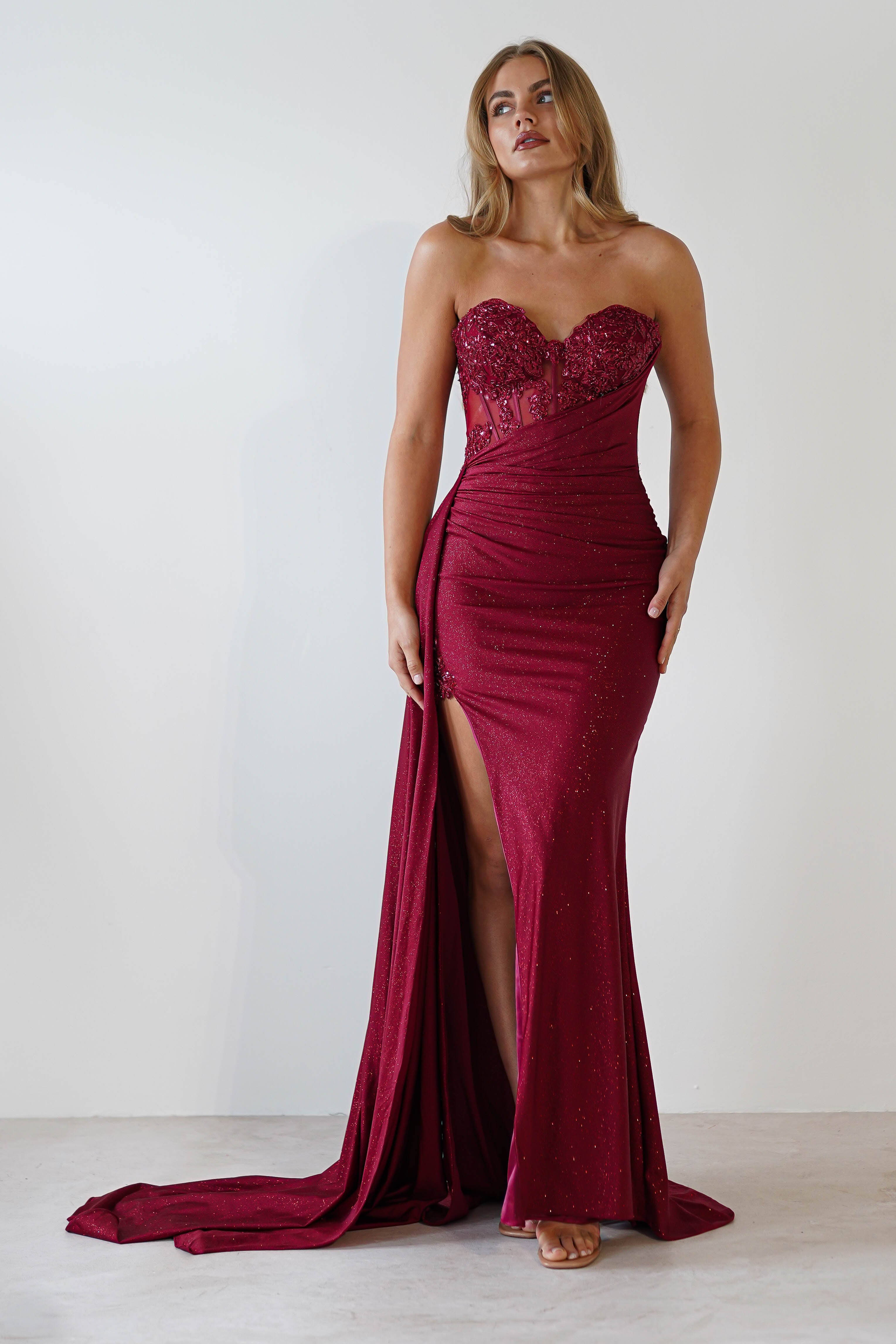 Lavelle Glitter Bodycon Gown in burgundy – front view | Velora premium burgundy dresses