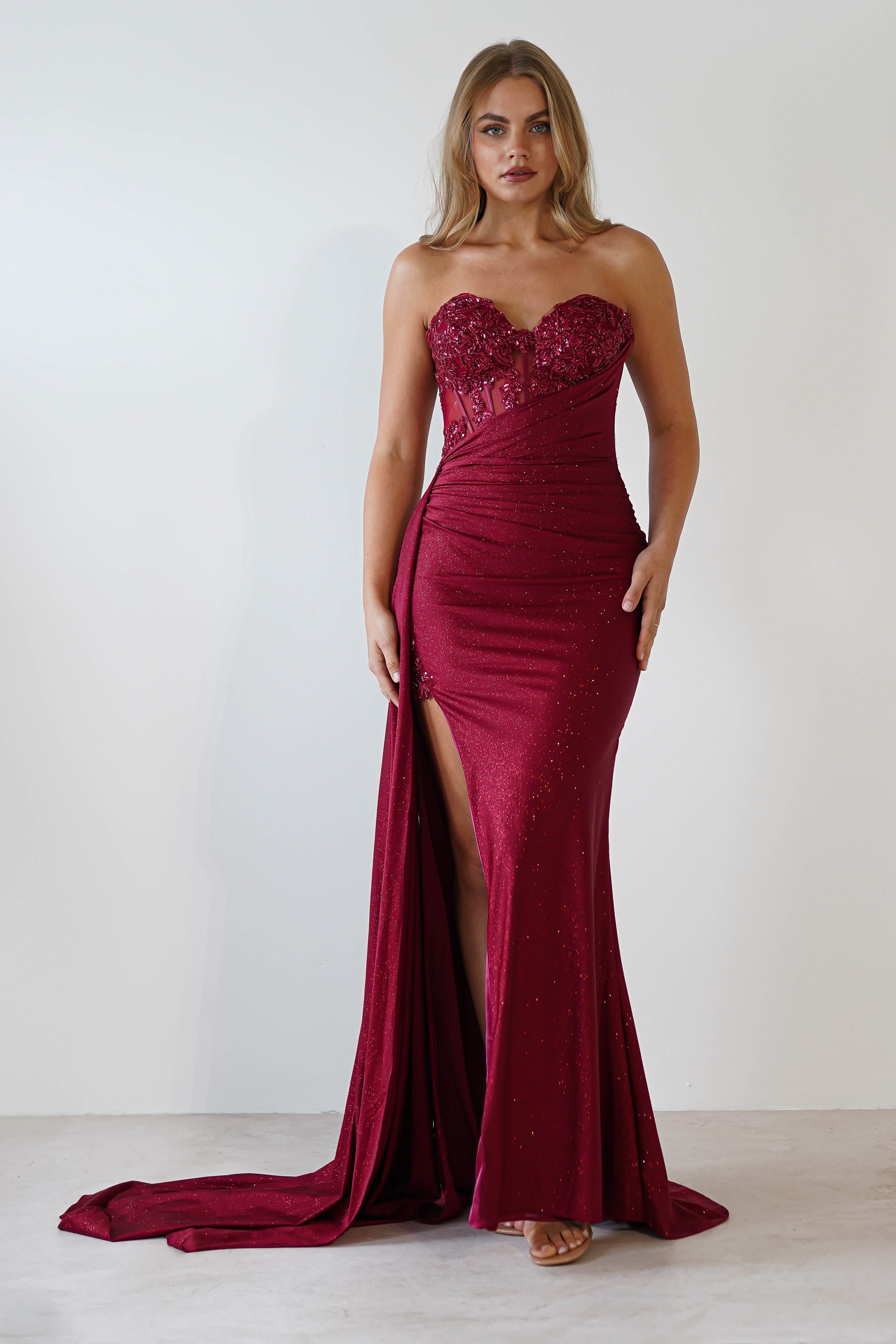 Lavelle Glitter Bodycon Gown in burgundy – side view | Velora premium burgundy dresses