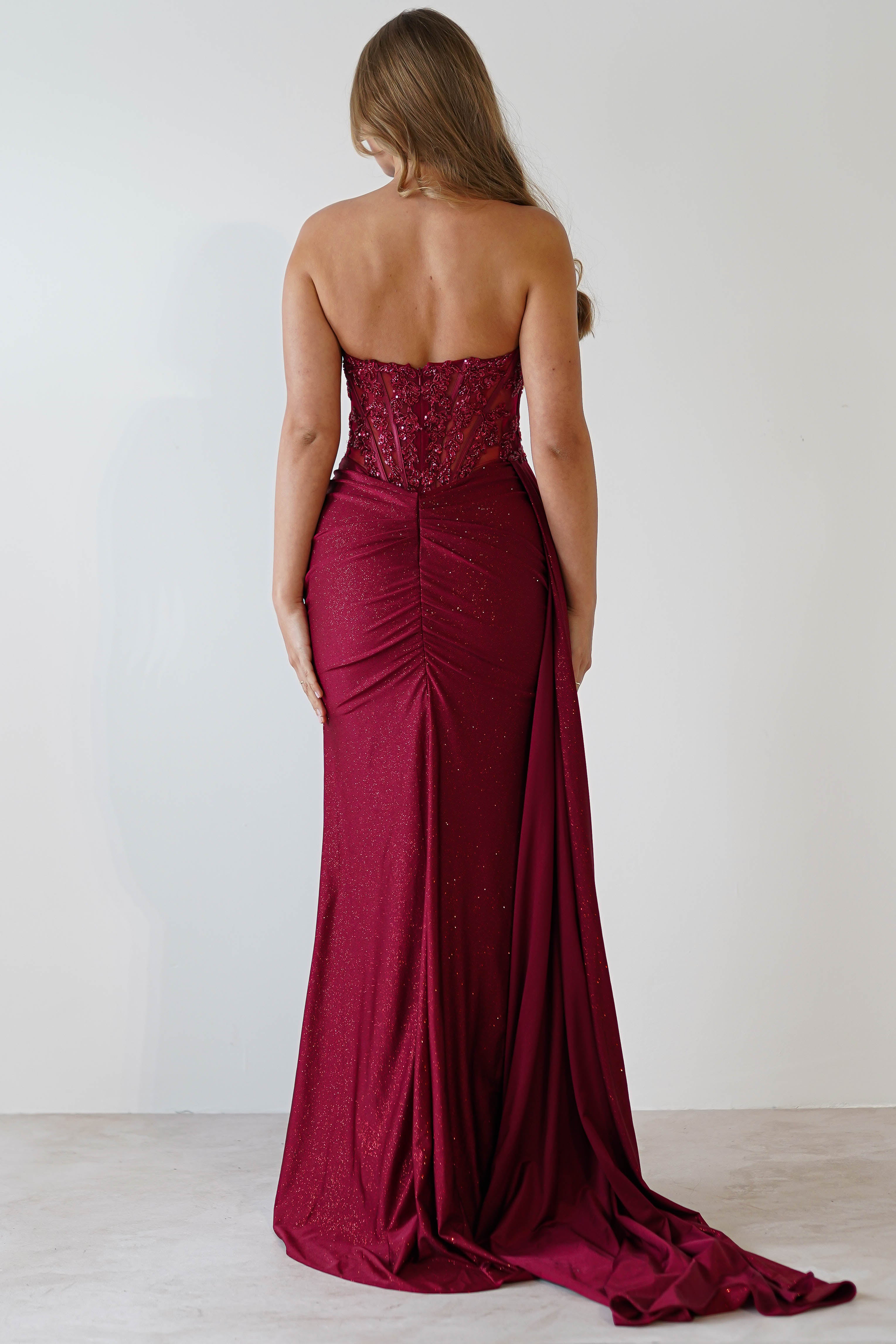 Lavelle Glitter Bodycon Gown in burgundy – fabric detail | Velora premium burgundy dresses