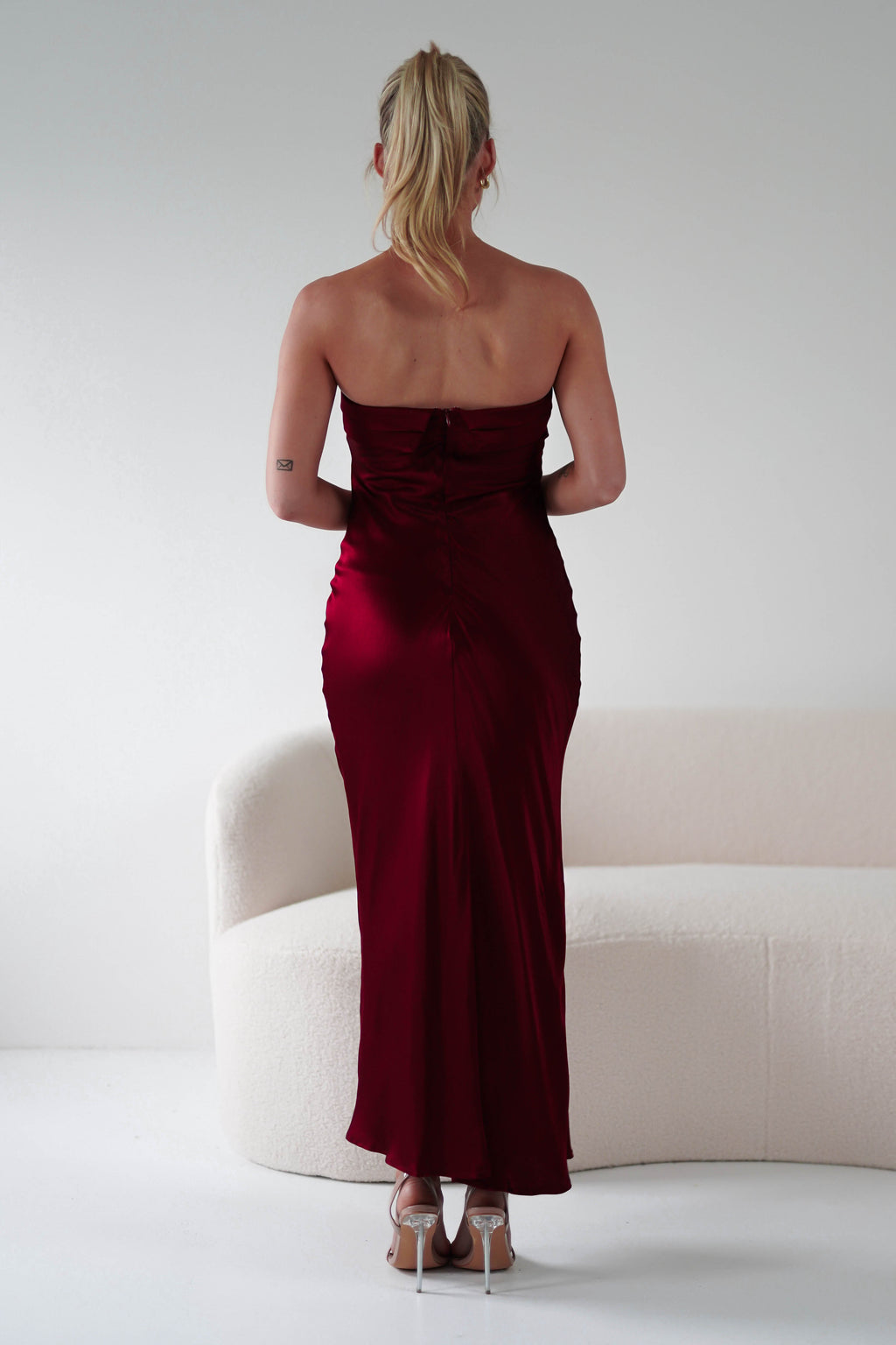 Lucia Soft Satin Strapless Midi Dress in wine – full length view | Velora premium burgundy dresses