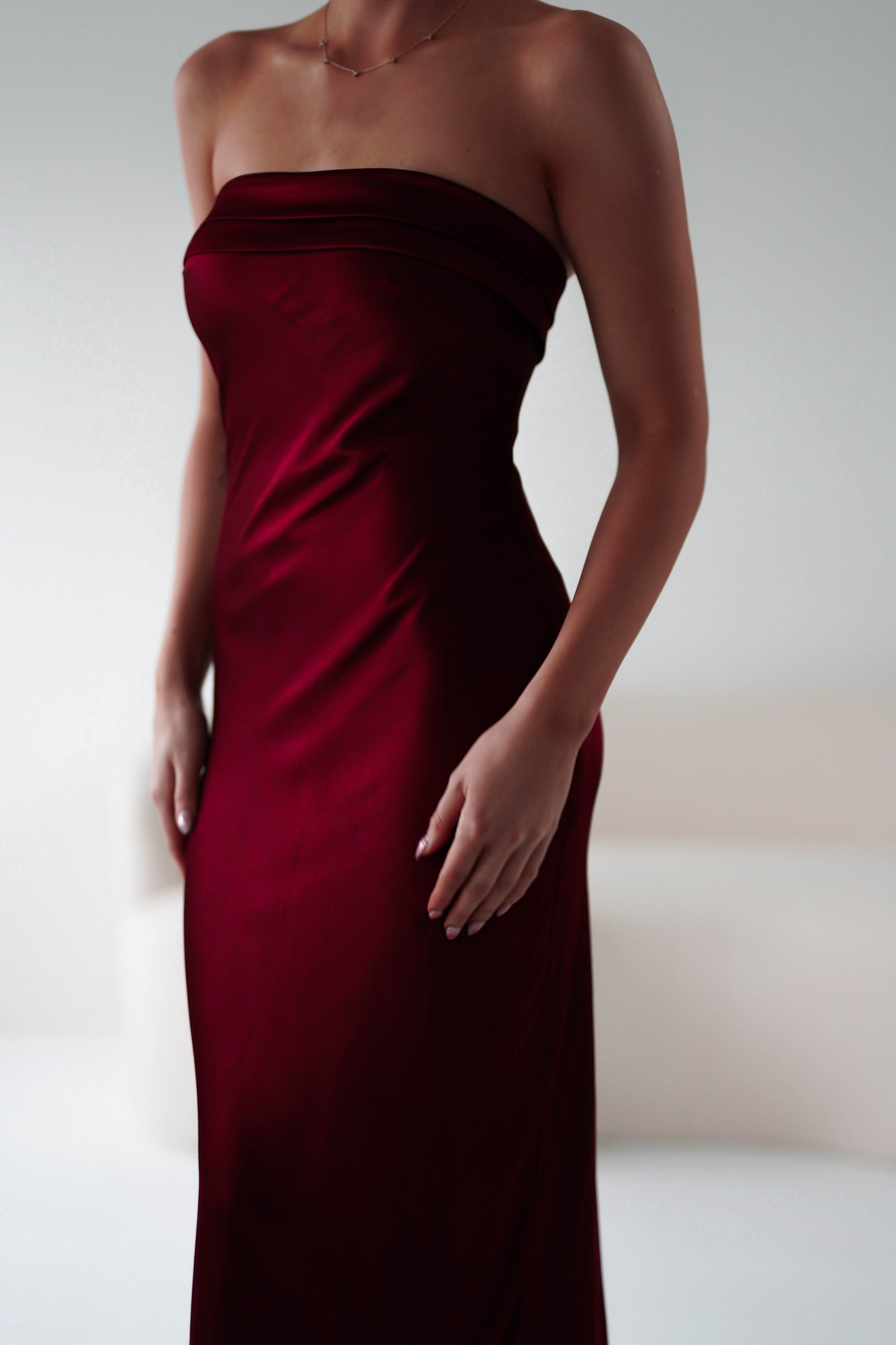 Lucia Soft Satin Strapless Midi Dress in wine – close-up detail | Velora premium burgundy dresses