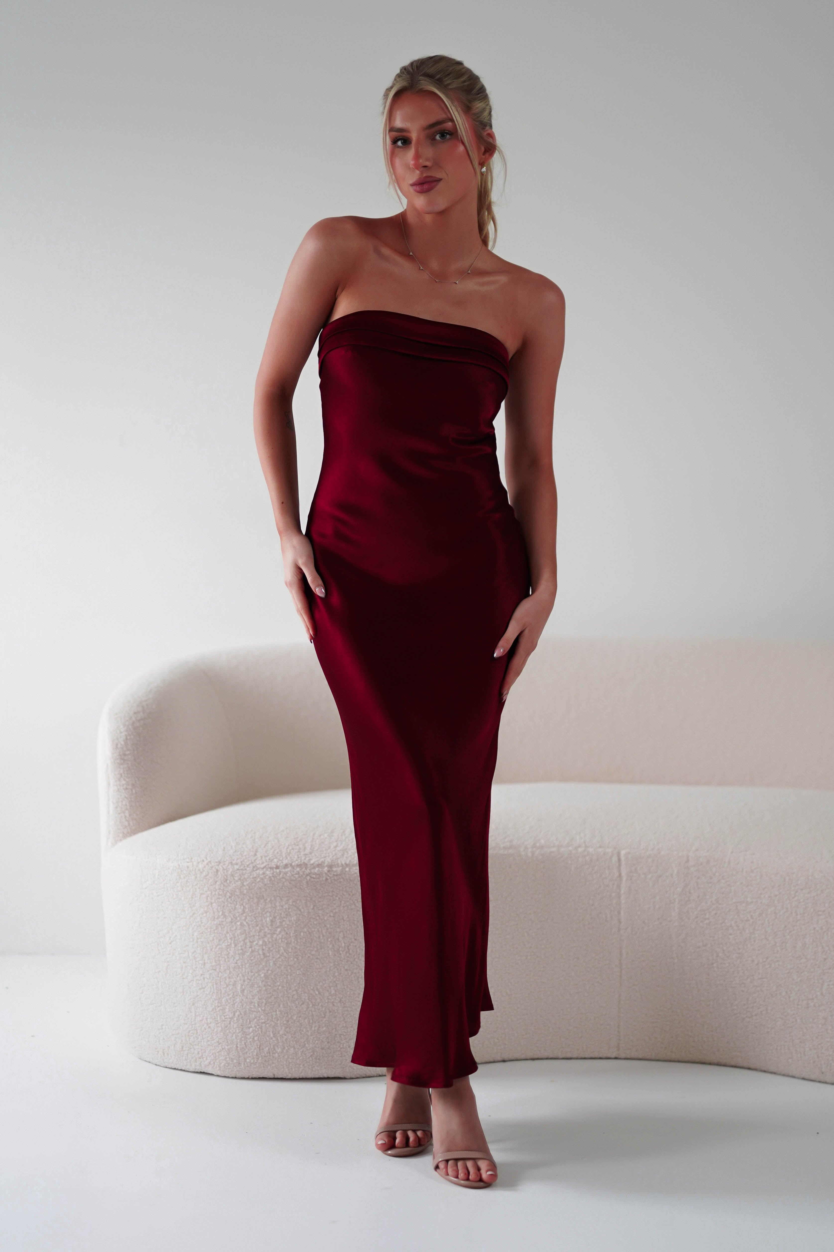 Lucia Soft Satin Strapless Midi Dress in wine – side view | Velora premium burgundy dresses