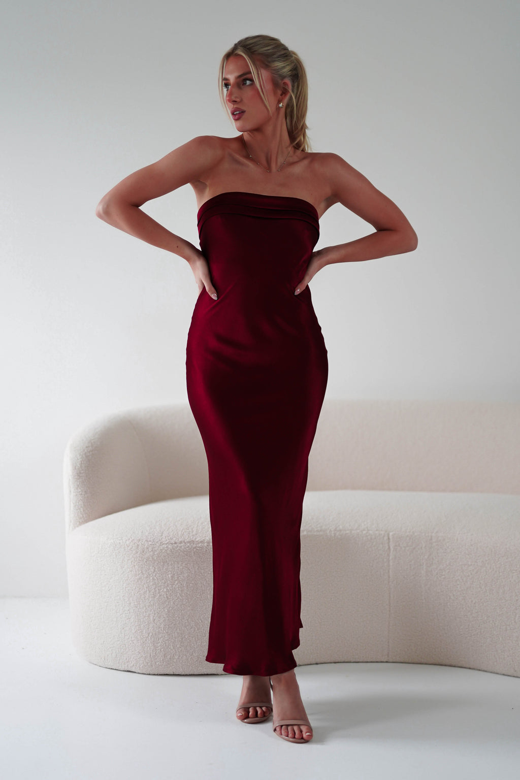 Lucia Soft Satin Strapless Midi Dress in wine – front view | Velora premium burgundy dresses