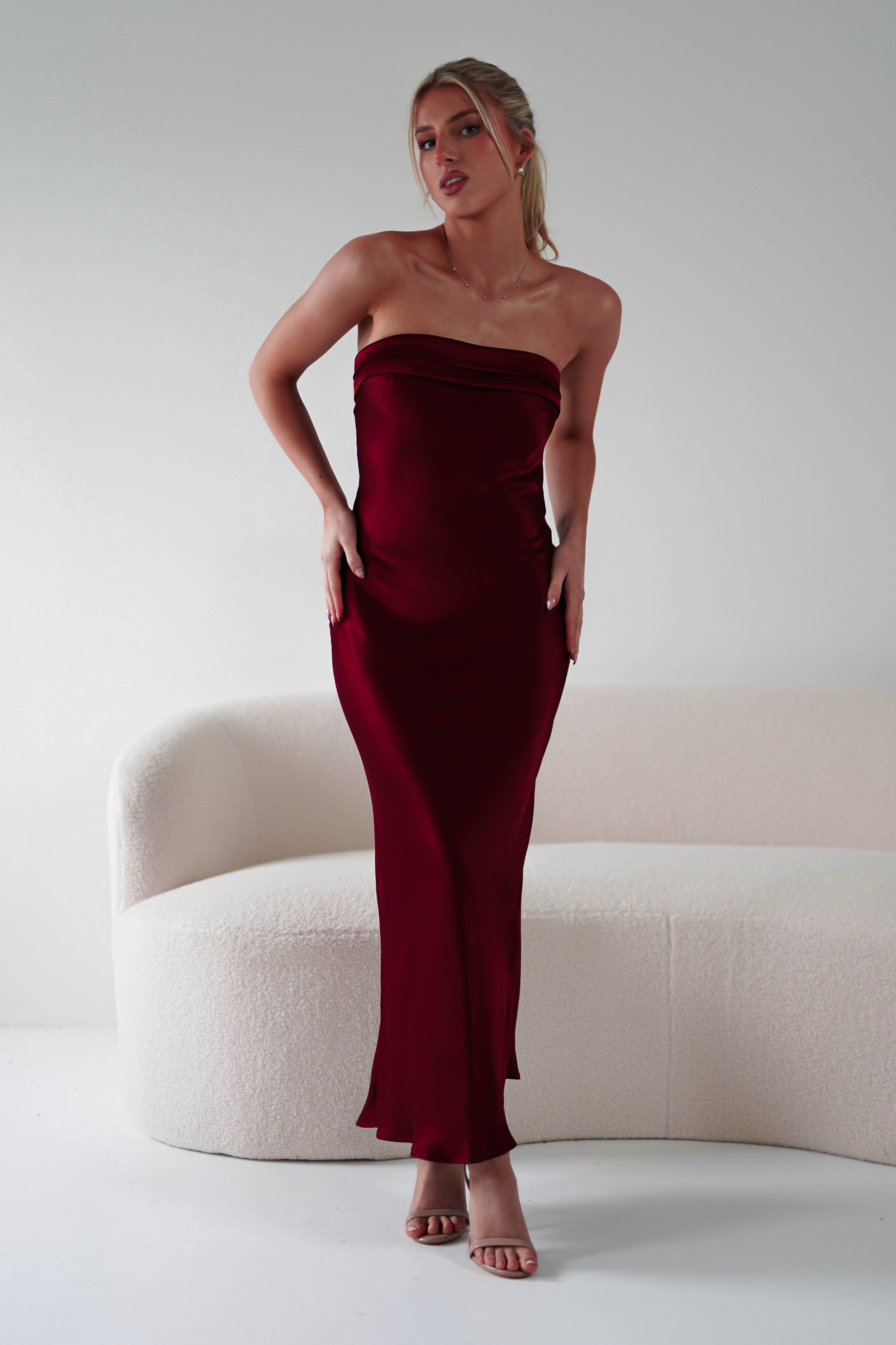 Lucia Soft Satin Strapless Midi Dress in wine – back view | Velora premium burgundy dresses