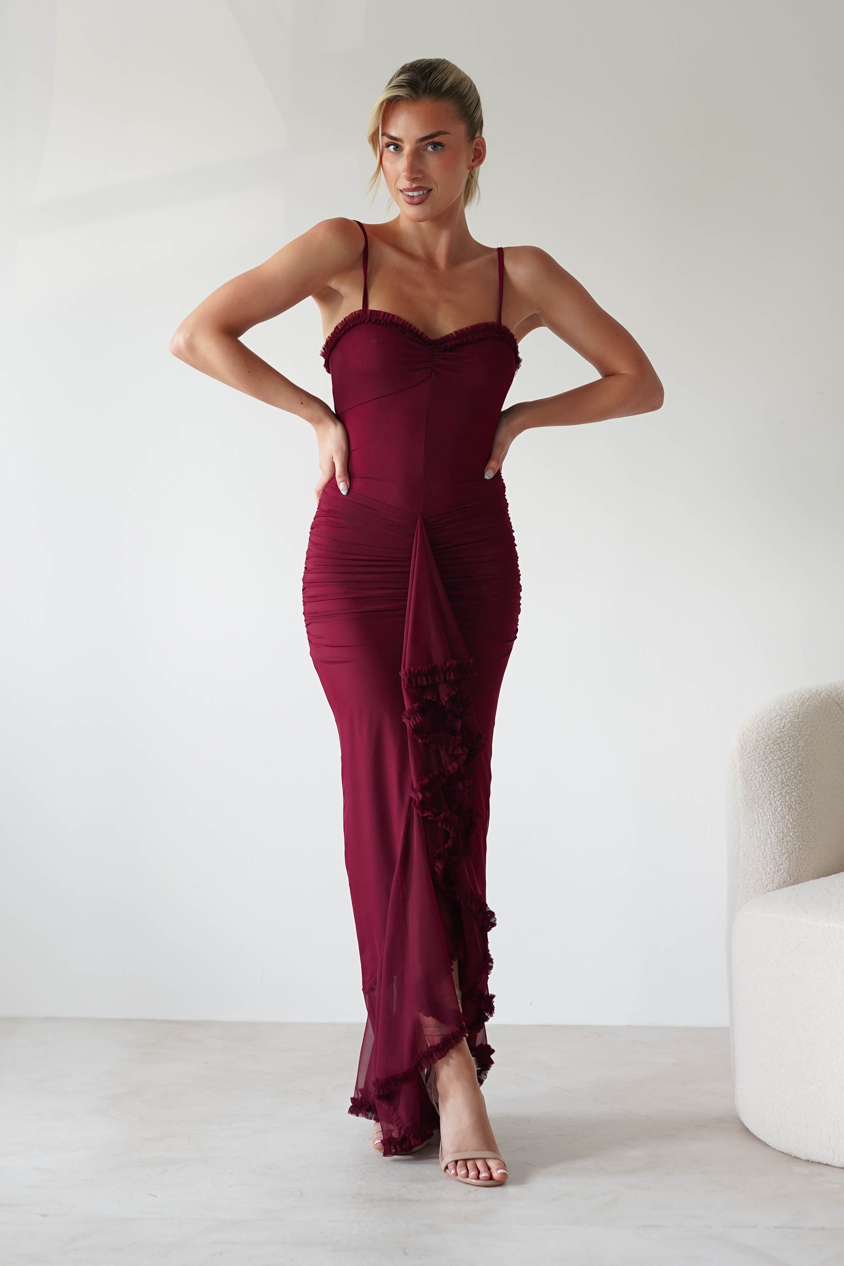 Manuella Mesh Bodycon Midaxi Dress in burgundy – side view | Velora premium burgundy dresses
