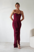 Manuella Mesh Bodycon Midaxi Dress in burgundy – front view | Velora premium burgundy dresses