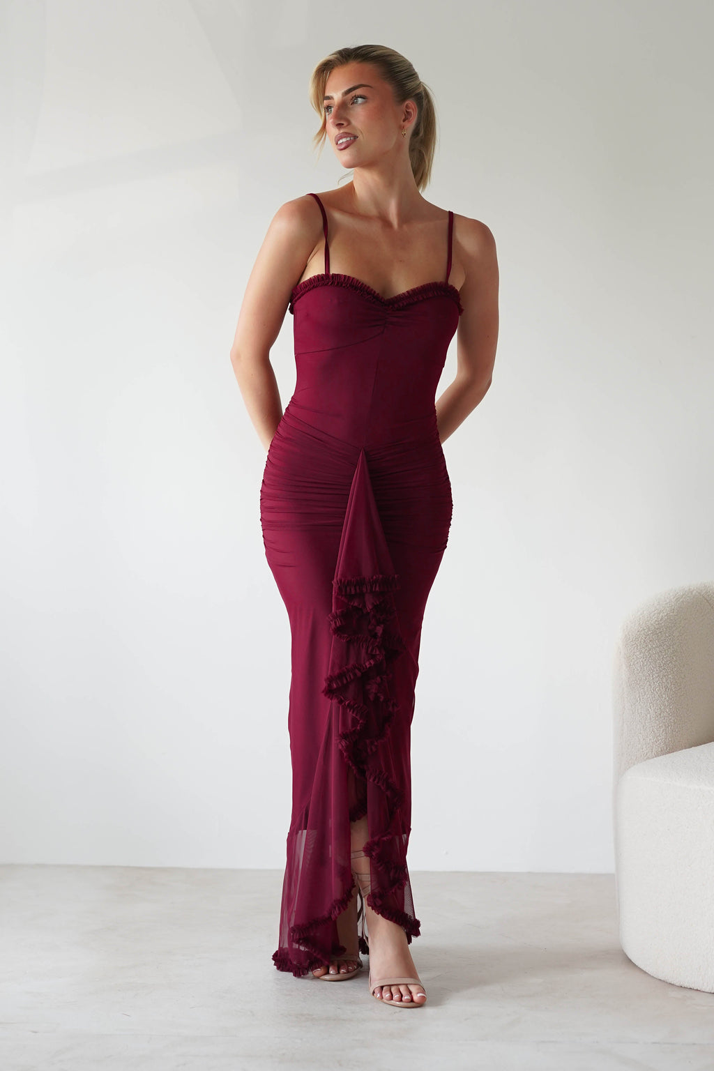 Manuella Mesh Bodycon Midaxi Dress in burgundy – back view | Velora premium burgundy dresses