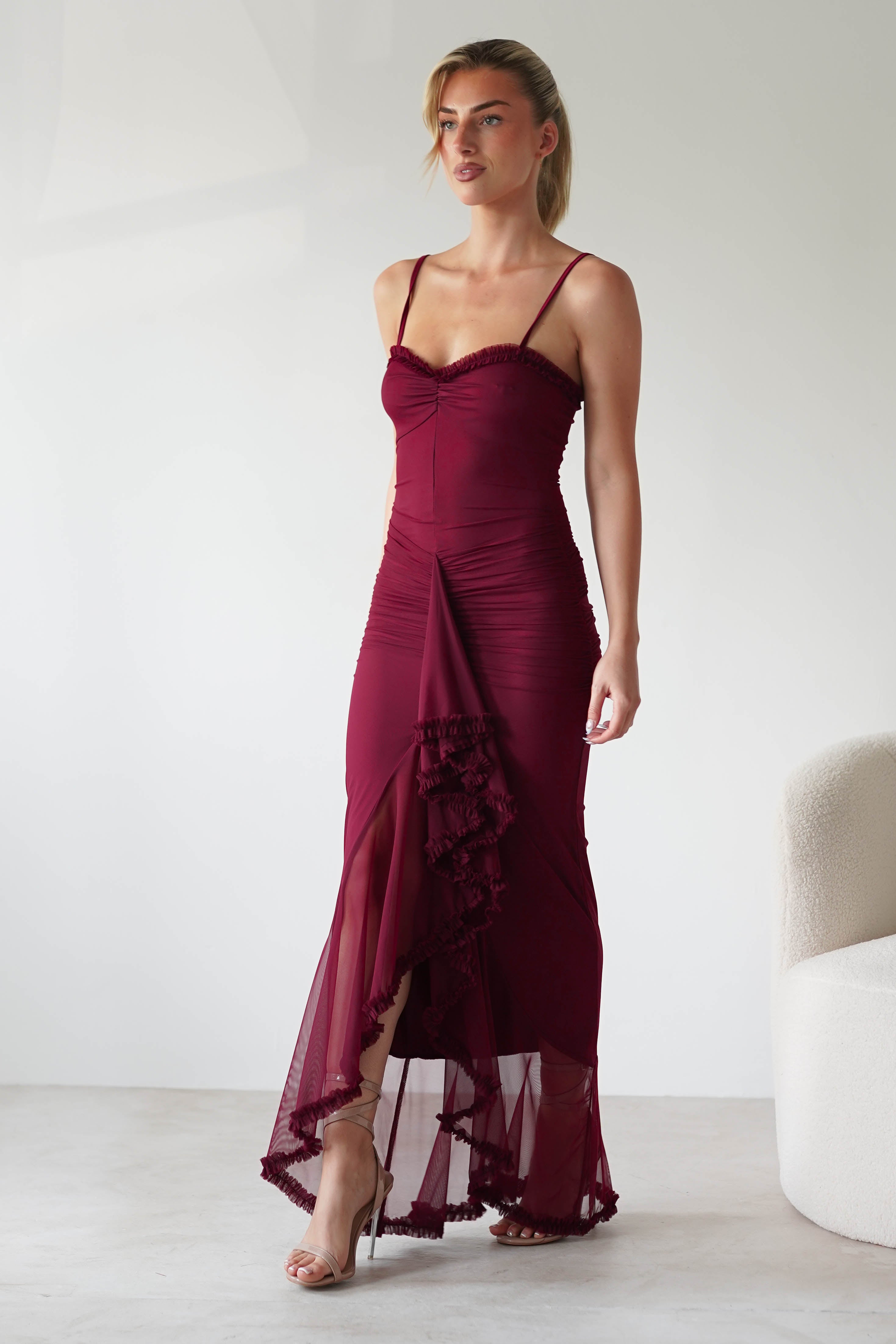 Manuella Mesh Bodycon Midaxi Dress in burgundy – close-up detail | Velora premium burgundy dresses