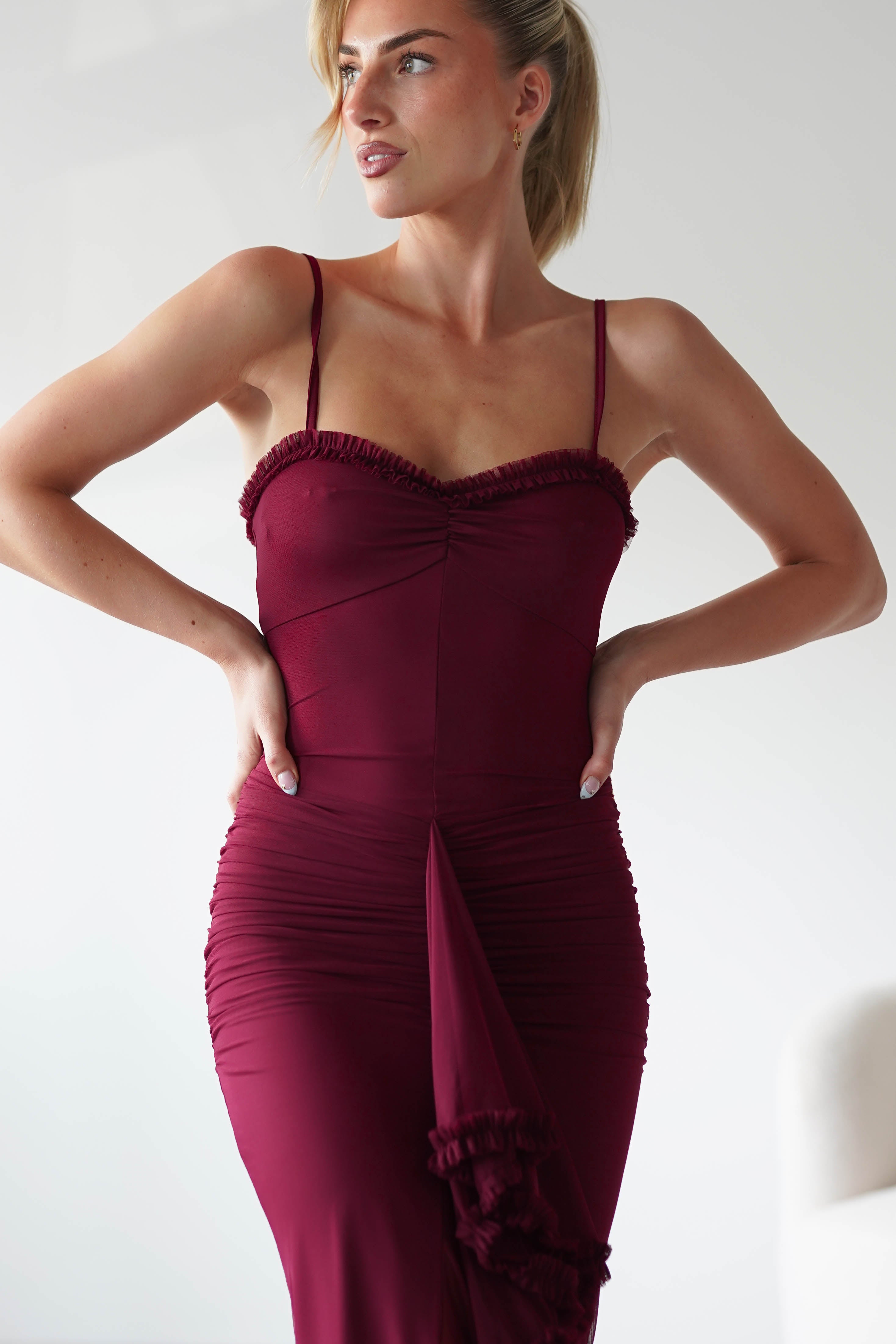 Manuella Mesh Bodycon Midaxi Dress in burgundy – full length view | Velora premium burgundy dresses