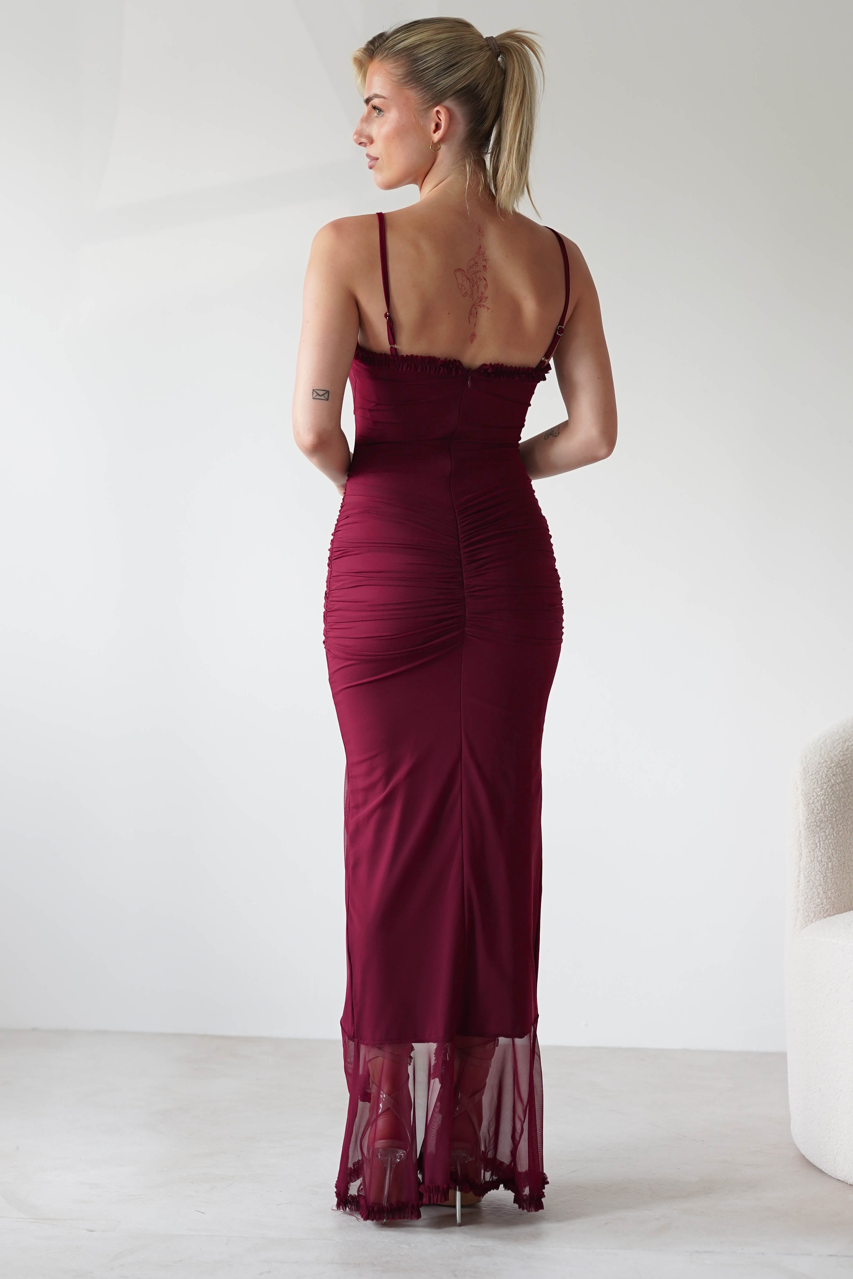 Manuella Mesh Bodycon Midaxi Dress in burgundy – fabric detail | Velora premium burgundy dresses