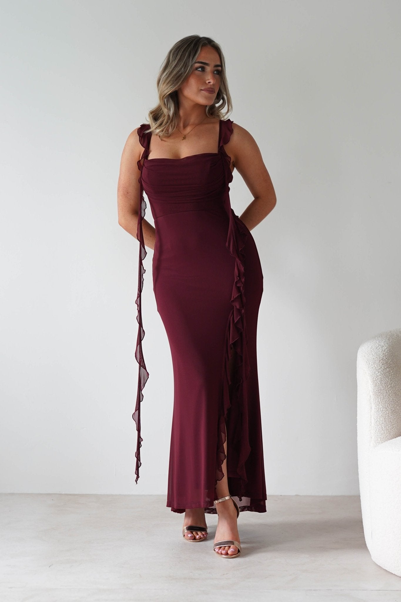Mhissa Ruffle Maxi Dress in burgundy – side view | Velora premium burgundy dresses
