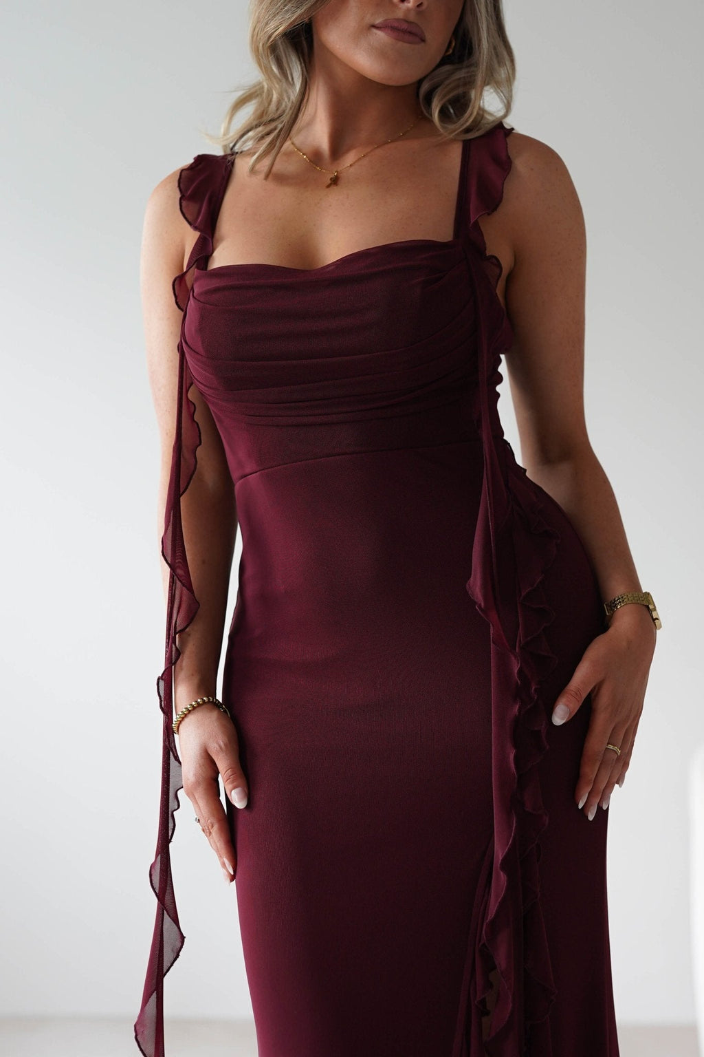 Mhissa Ruffle Maxi Dress in burgundy – neckline detail | Velora premium burgundy dresses