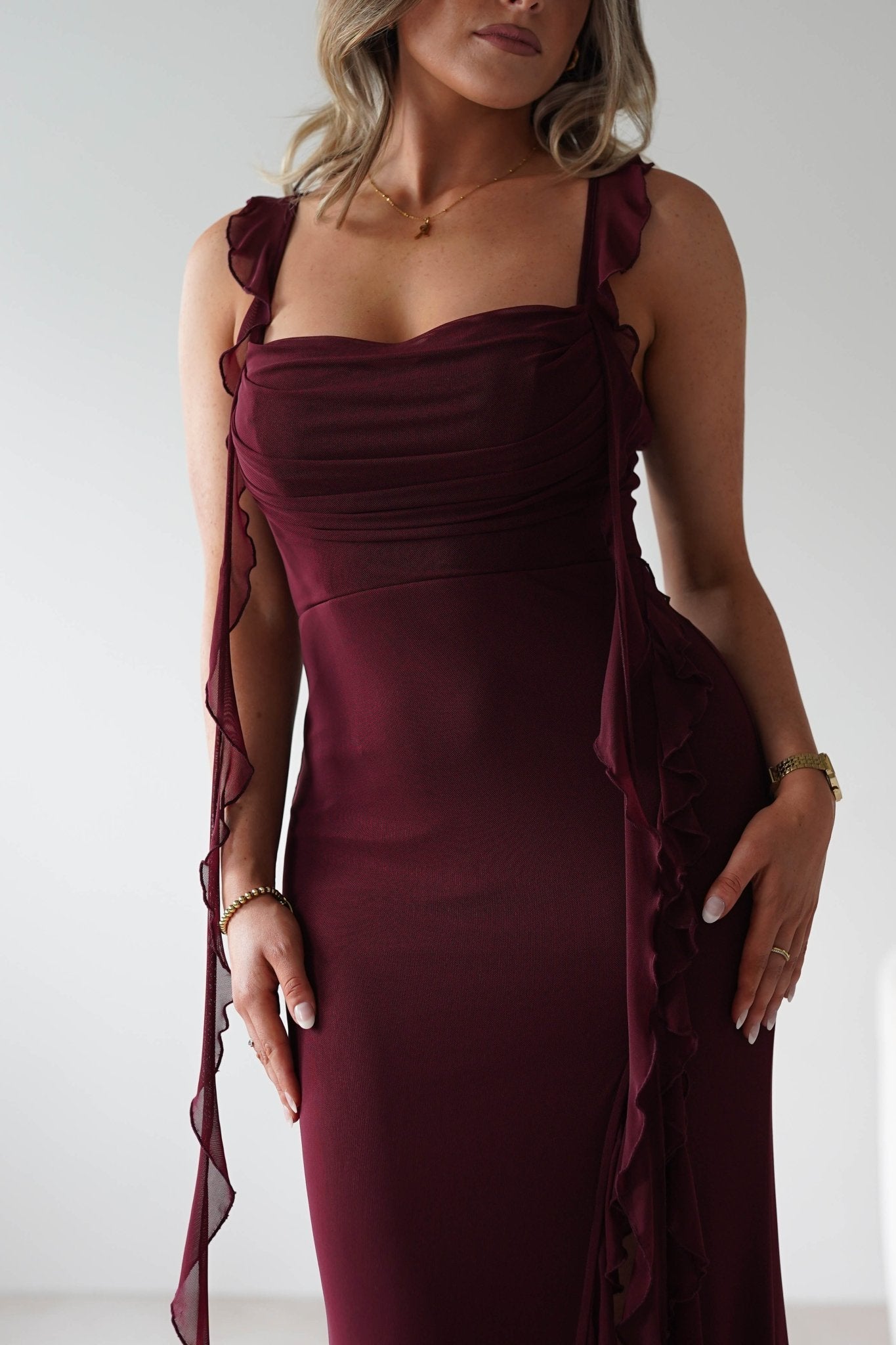 Mhissa Ruffle Maxi Dress in burgundy – neckline detail | Velora premium burgundy dresses