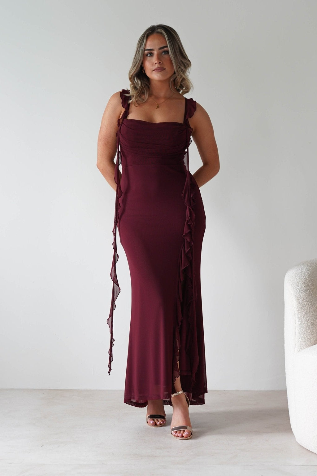 Mhissa Ruffle Maxi Dress in burgundy – full length view | Velora premium burgundy dresses