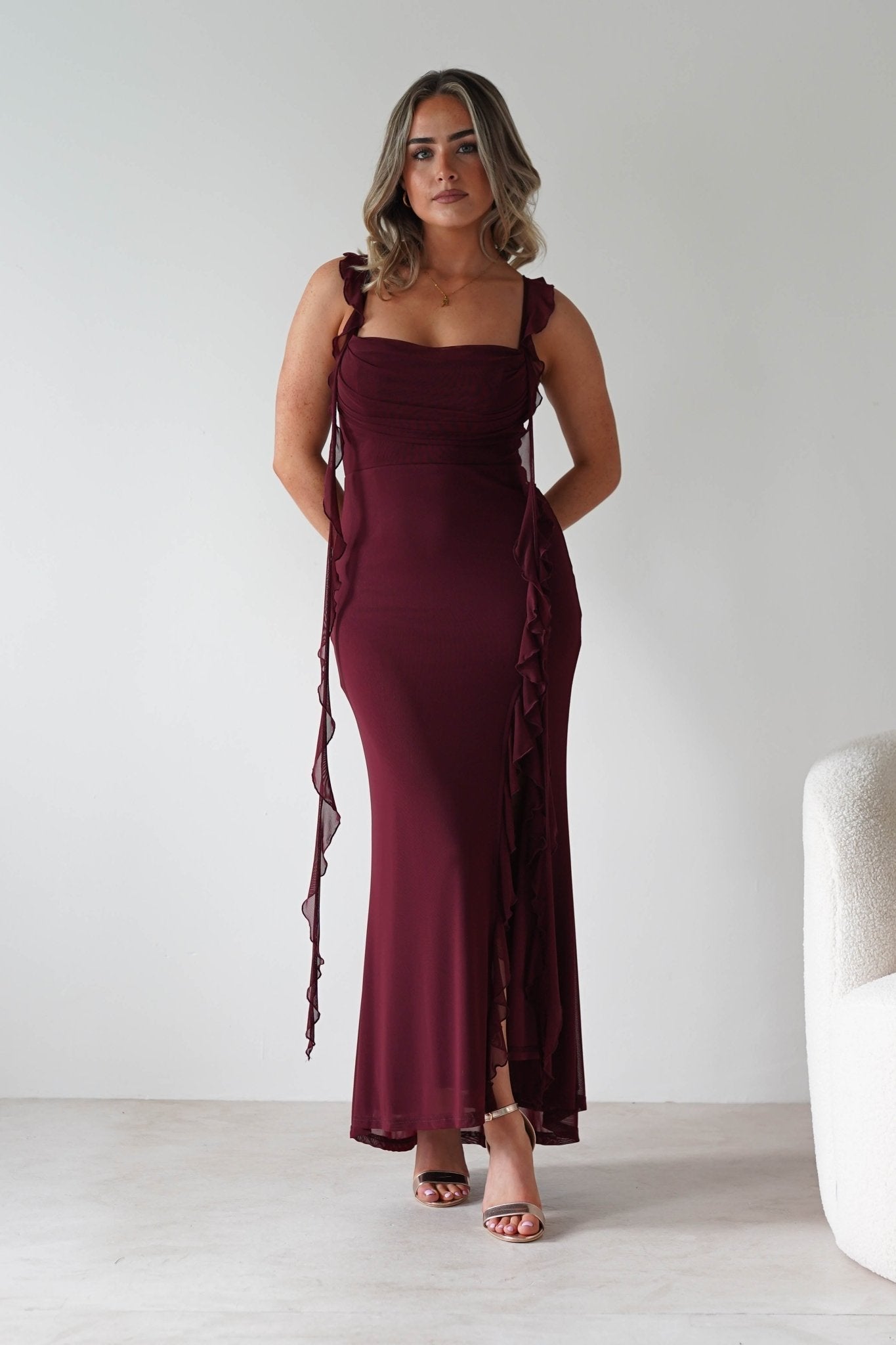 Mhissa Ruffle Maxi Dress in burgundy – full length view | Velora premium burgundy dresses