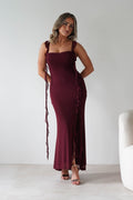 Mhissa Ruffle Maxi Dress in burgundy – front view | Velora premium burgundy dresses