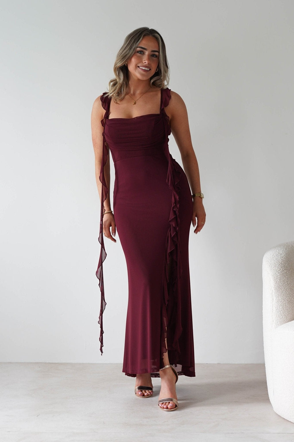 Mhissa Ruffle Maxi Dress in burgundy – close-up detail | Velora premium burgundy dresses