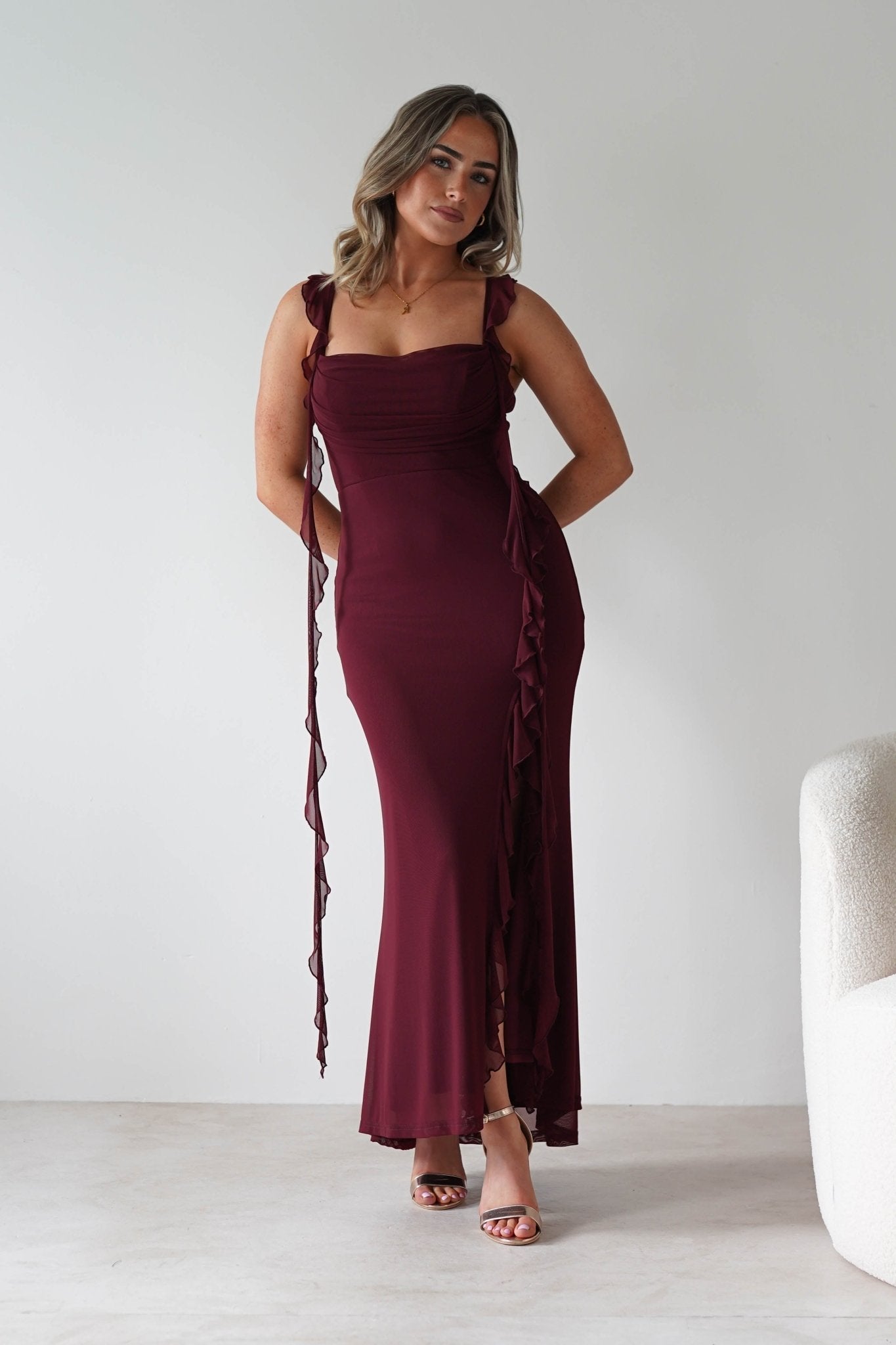 Mhissa Ruffle Maxi Dress in burgundy – back view | Velora premium burgundy dresses
