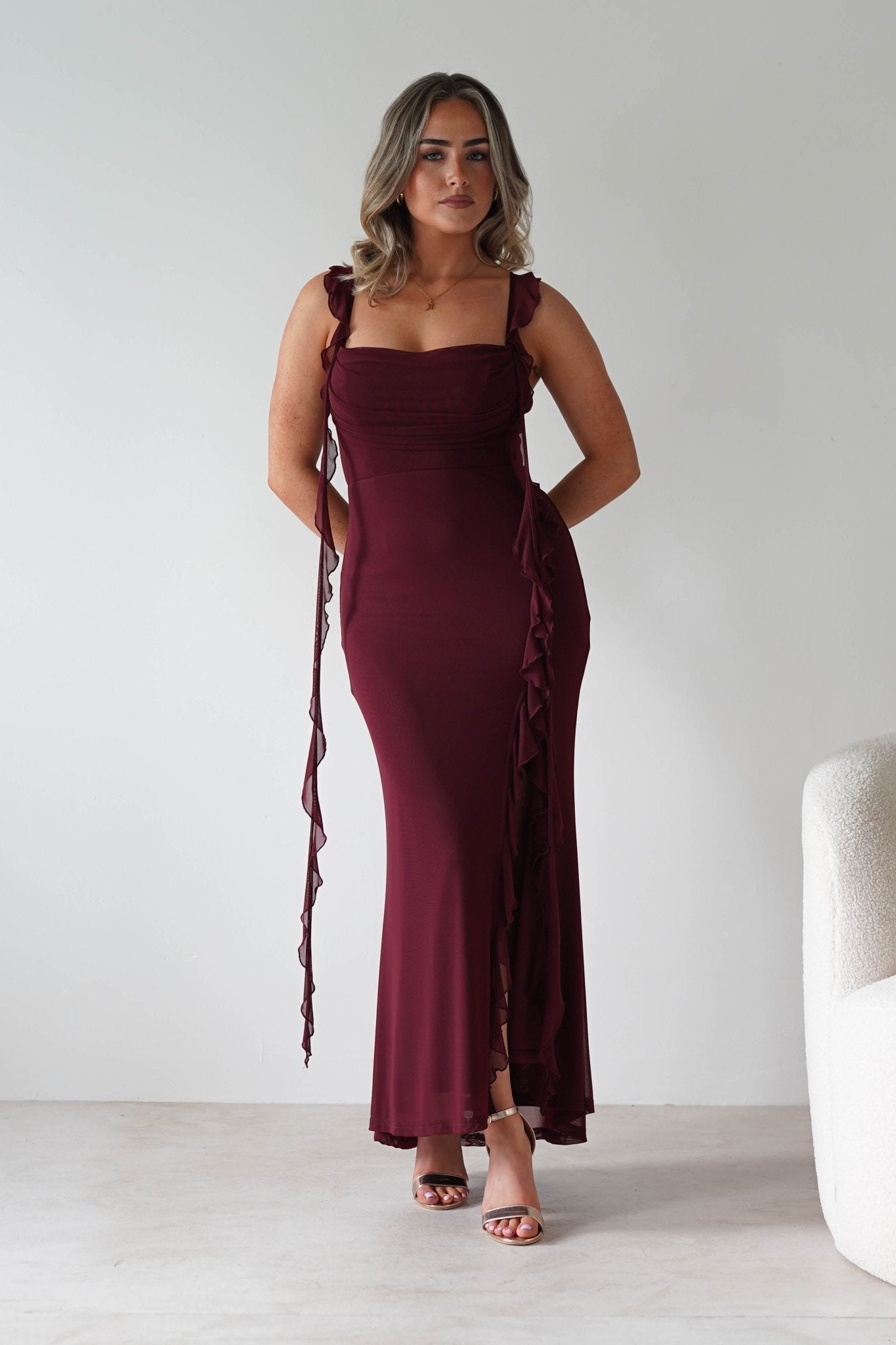 Mhissa Ruffle Maxi Dress in burgundy – fabric detail | Velora premium burgundy dresses