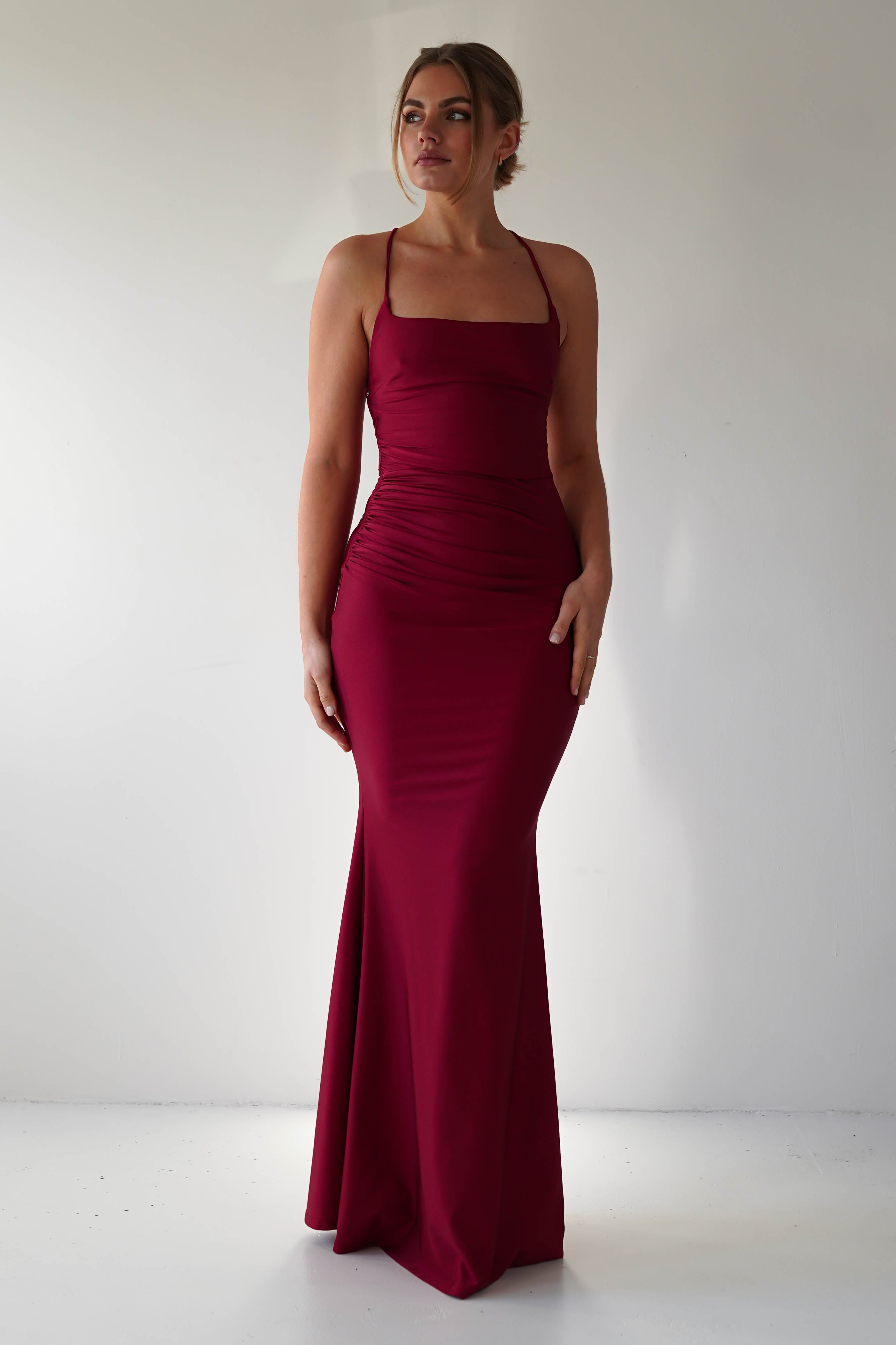 Monette Bodycon Maxi Gown in burgundy – neckline detail | Velora premium burgundy dresses