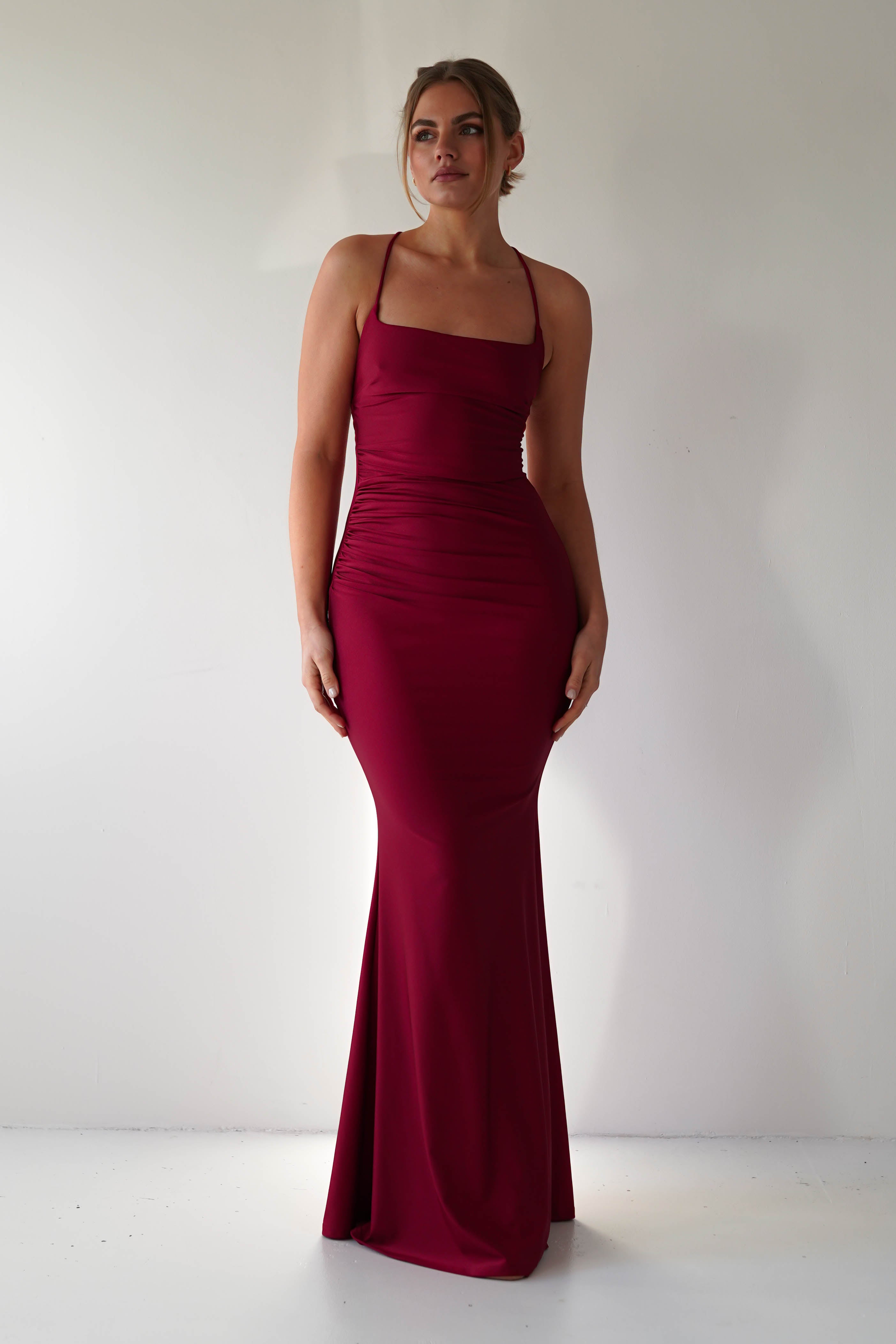 Monette Bodycon Maxi Gown in burgundy – hem detail | Velora premium burgundy dresses