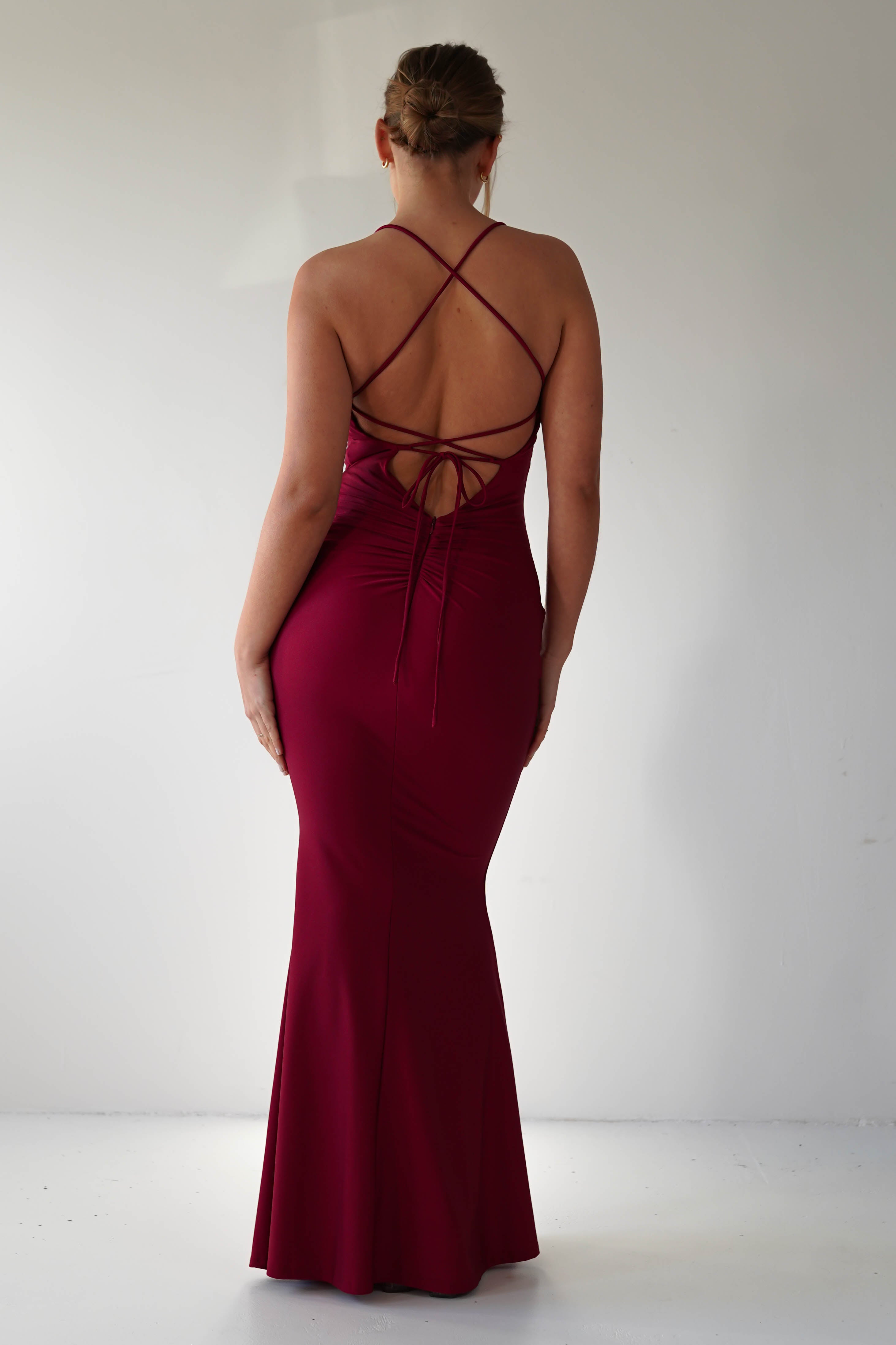 Monette Bodycon Maxi Gown in burgundy – side view | Velora premium burgundy dresses