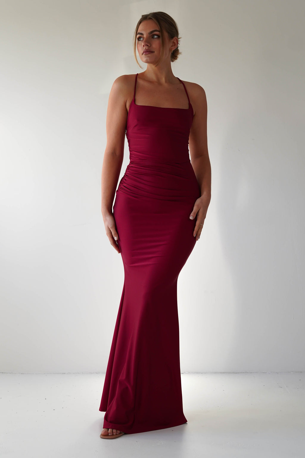 Monette Bodycon Maxi Gown in burgundy – back view | Velora premium burgundy dresses