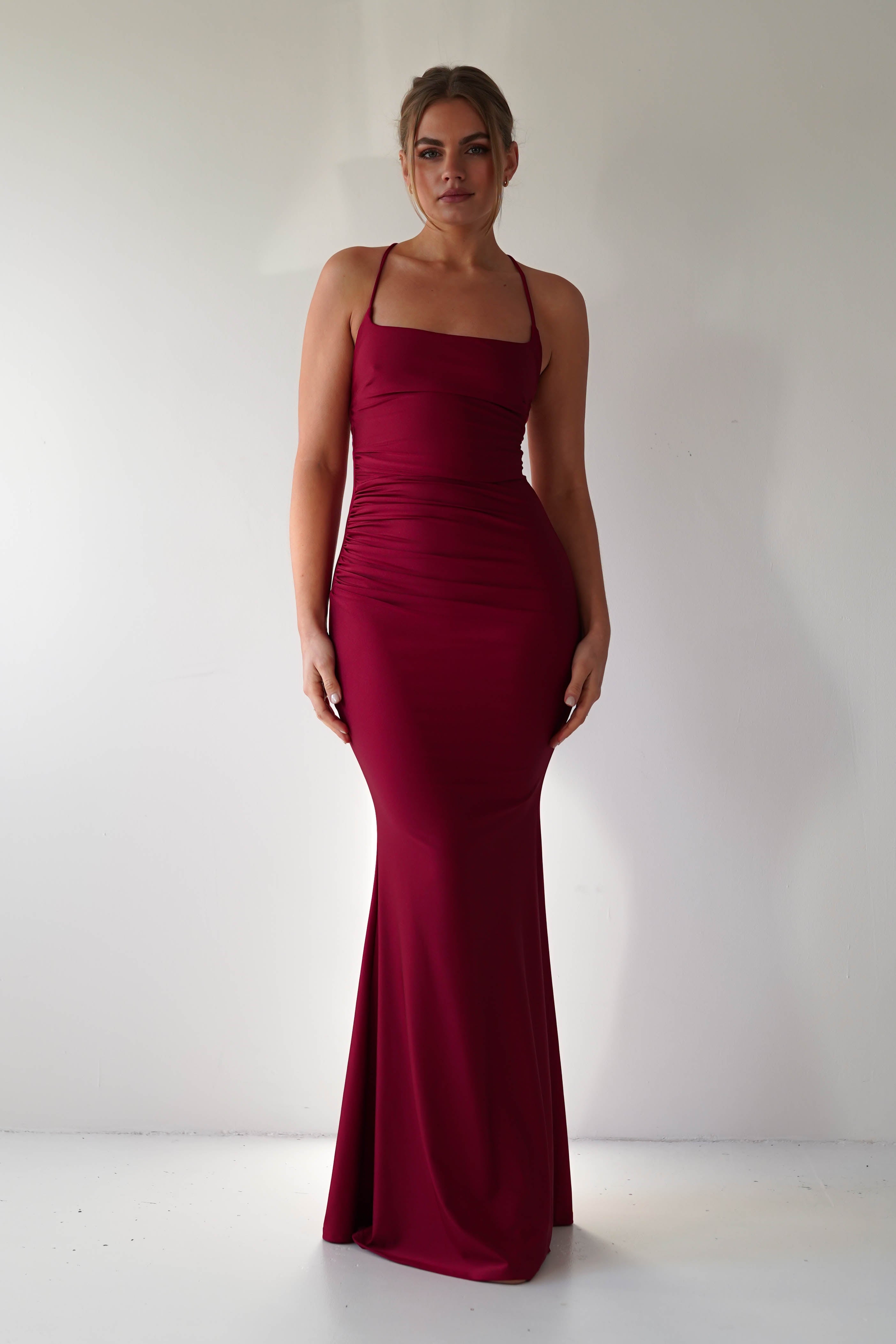 Monette Bodycon Maxi Gown in burgundy – front view | Velora premium burgundy dresses