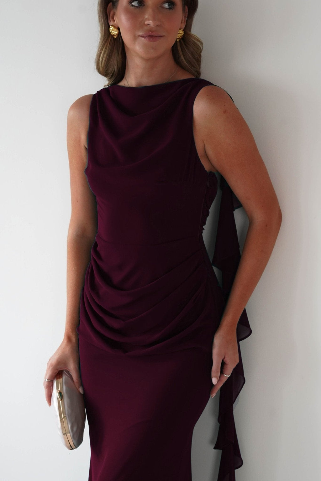 Montana Chiffon Maxi Dress in berry wine – side view | Velora premium burgundy dresses