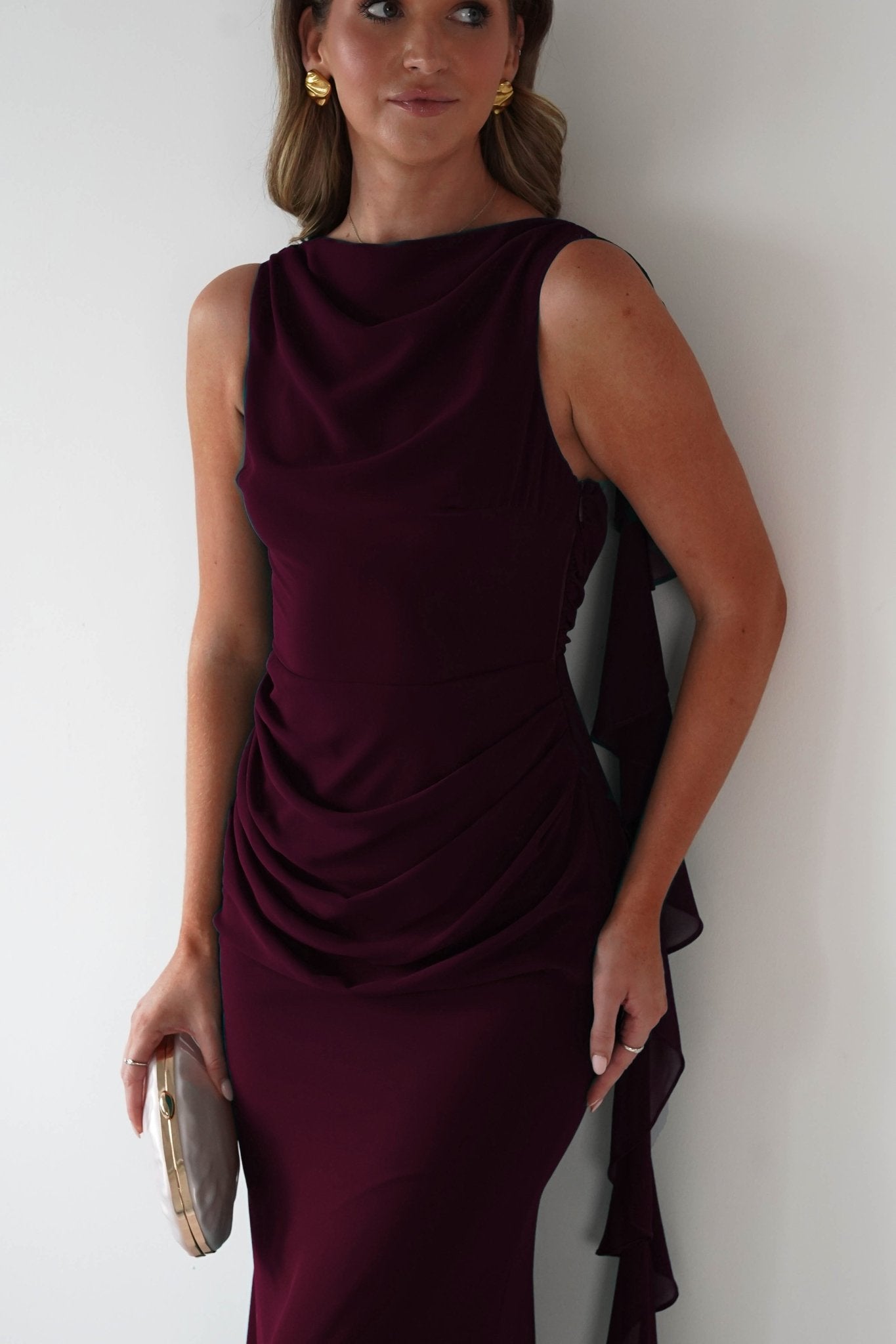 Montana Chiffon Maxi Dress in berry wine – side view | Velora premium burgundy dresses