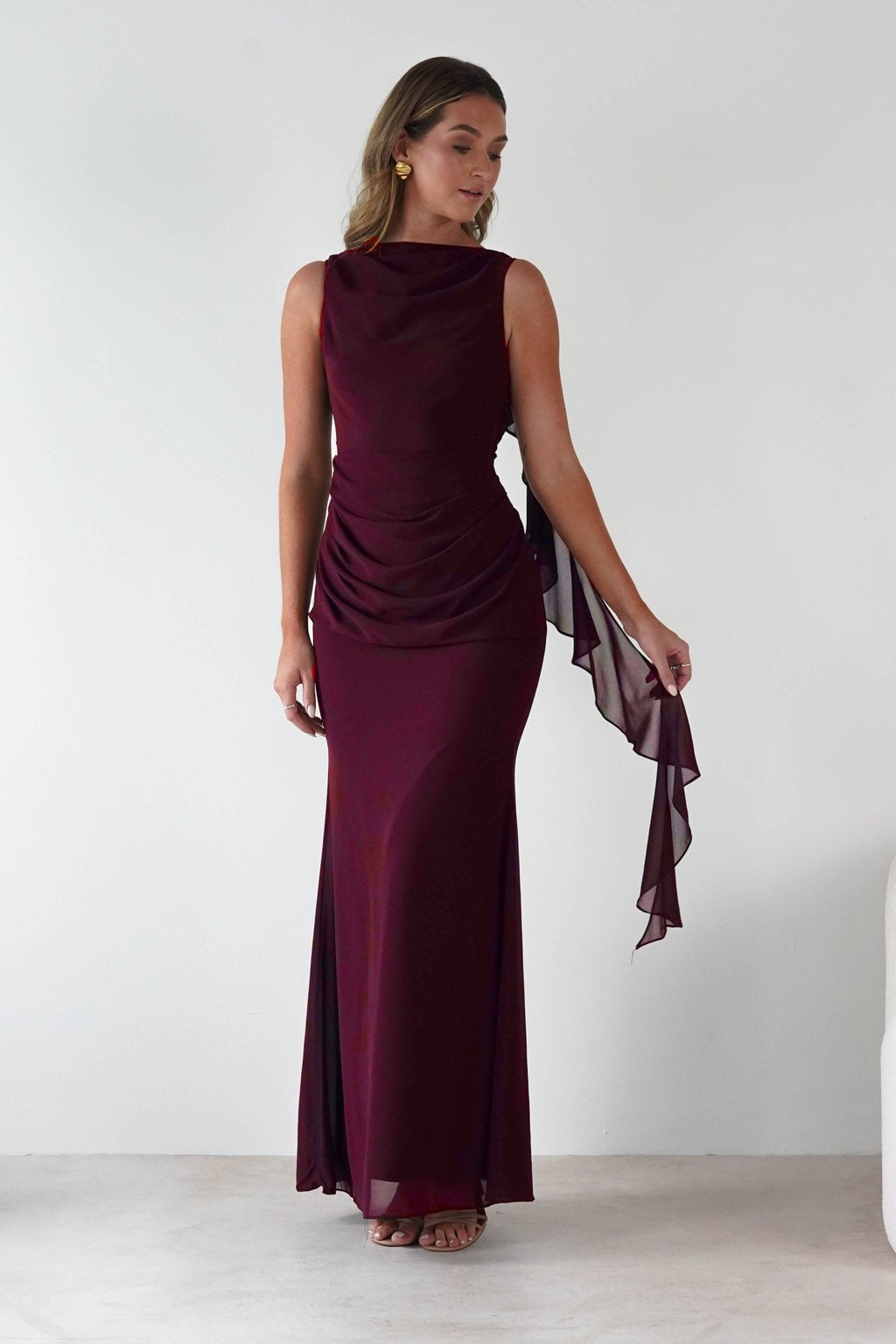 Montana Chiffon Maxi Dress in berry wine – front view | Velora premium burgundy dresses