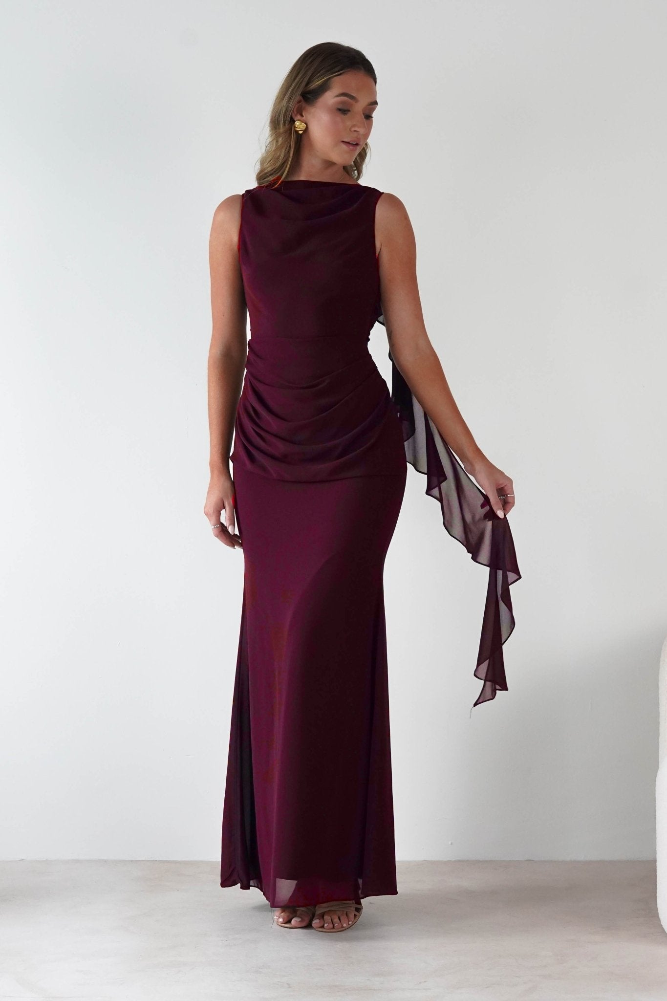 Montana Chiffon Maxi Dress in berry wine – front view | Velora premium burgundy dresses