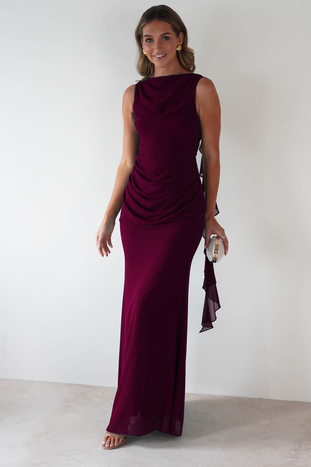 Montana Chiffon Maxi Dress in berry wine – back view | Velora premium burgundy dresses