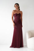 Nicola Strapless Glitter Gown in burgundy – front view | Velora premium burgundy dresses