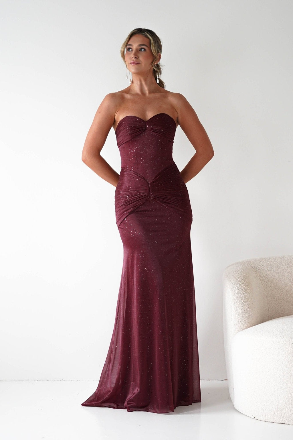 Nicola Strapless Glitter Gown in burgundy – full length view | Velora premium burgundy dresses