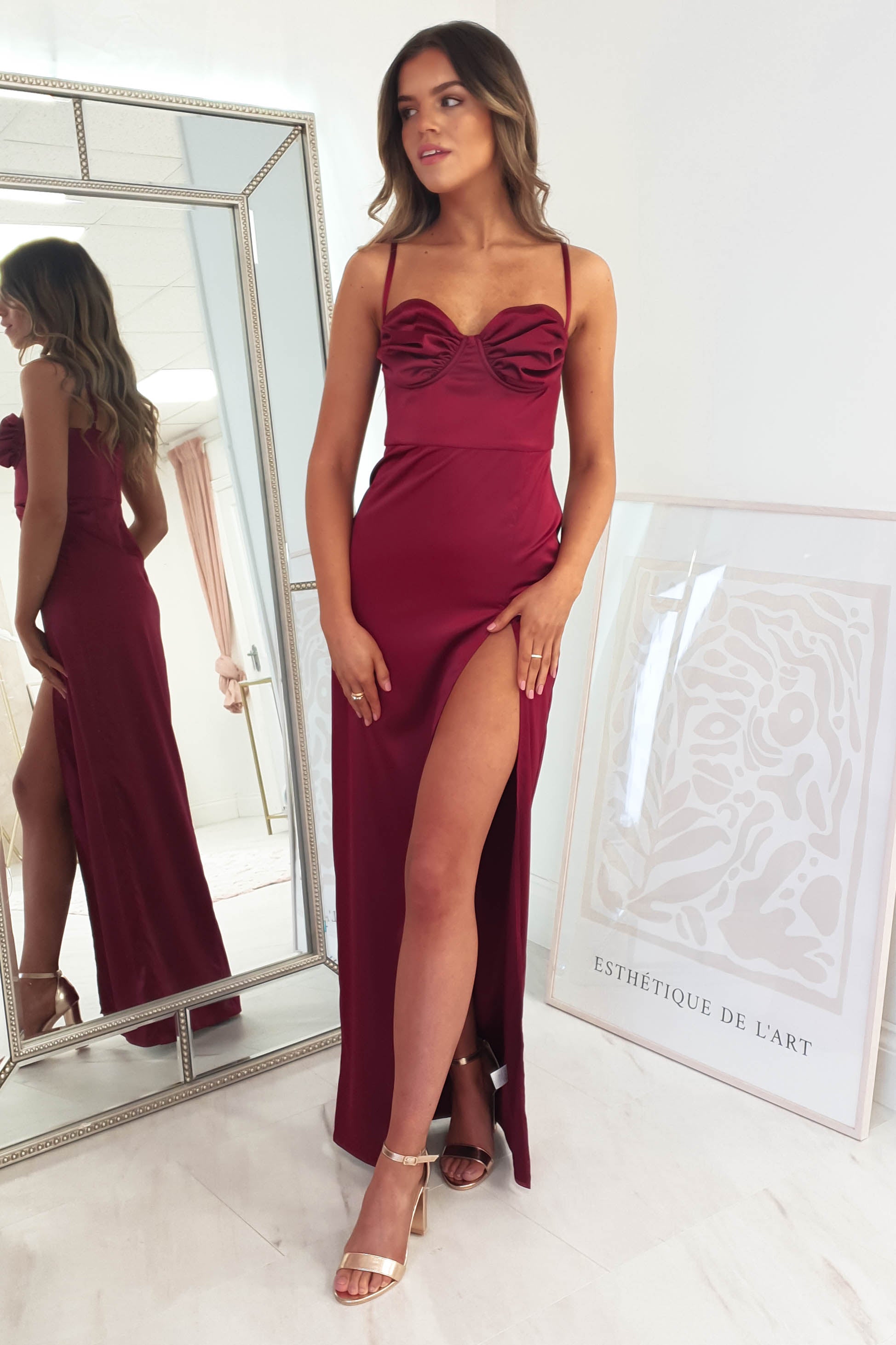 Ravella Soft Satin Maxi Dress in burgundy – side view | Velora premium burgundy dresses