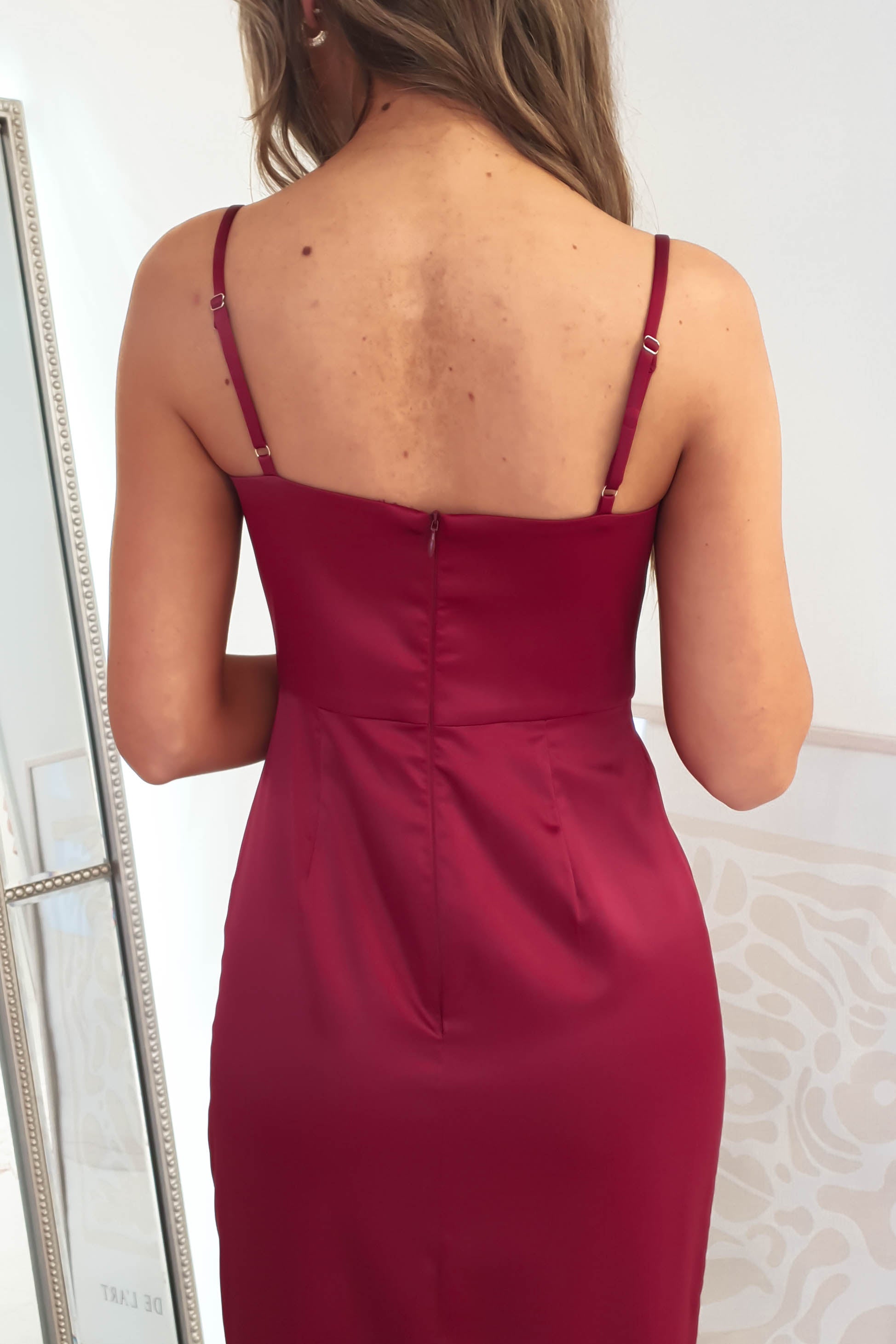 Ravella Soft Satin Maxi Dress in burgundy – back view | Velora premium burgundy dresses