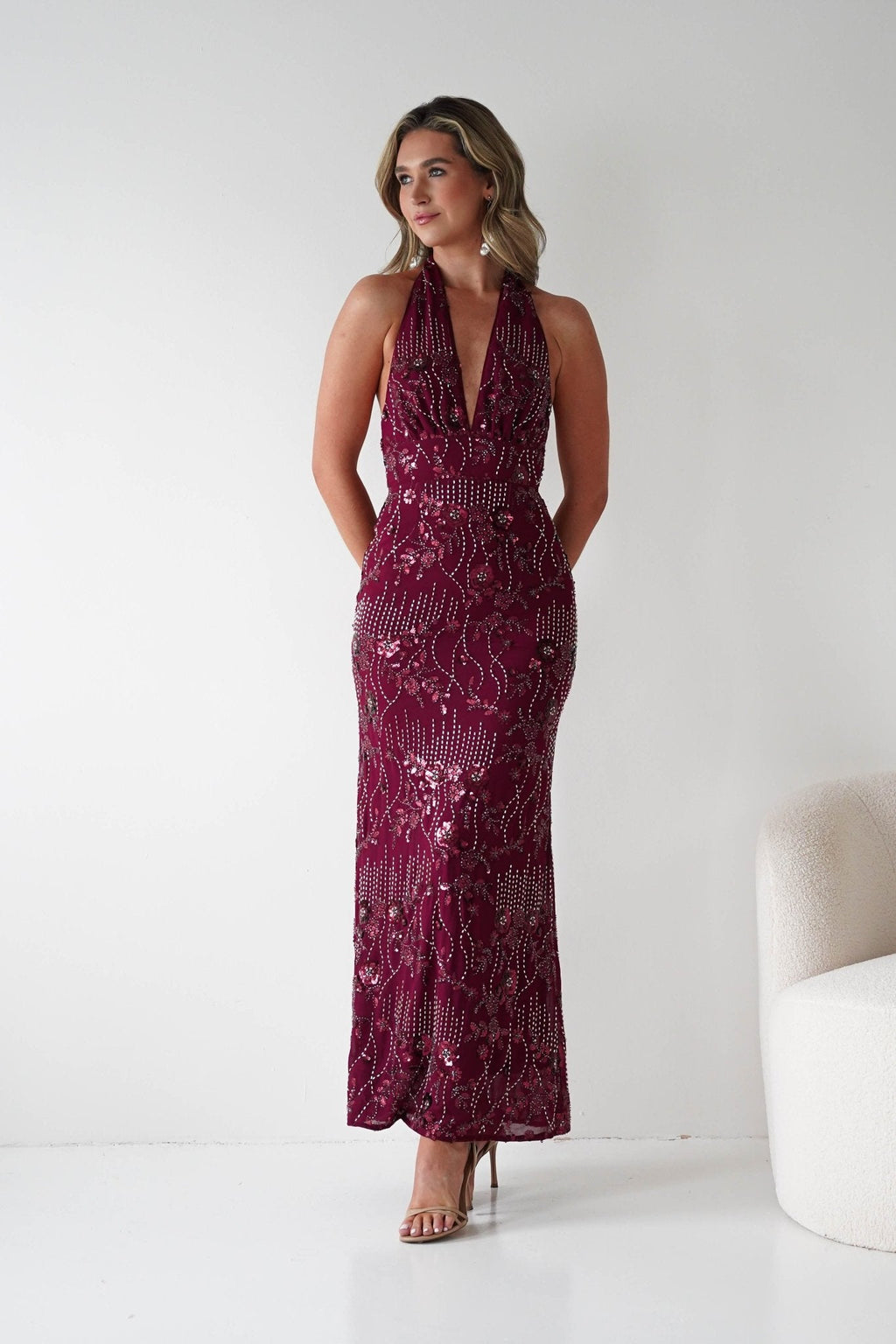 Sabrina Beaded Halterneck Maxi Dress in wine – neckline detail | Velora premium burgundy dresses