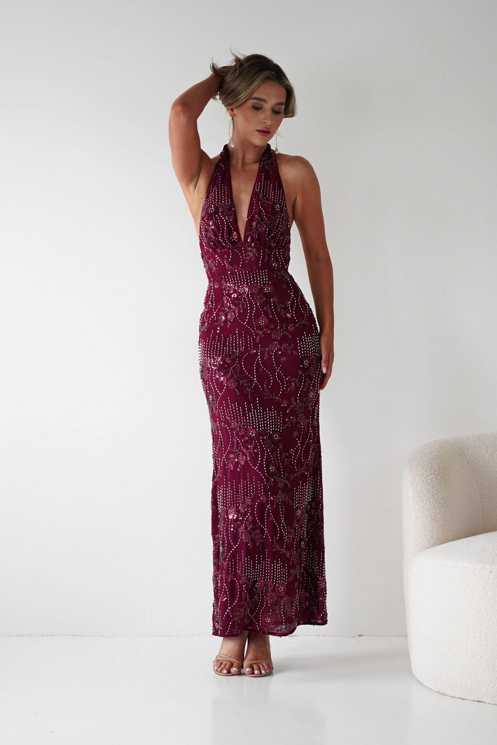 Sabrina Beaded Halterneck Maxi Dress in wine – fabric detail | Velora premium burgundy dresses