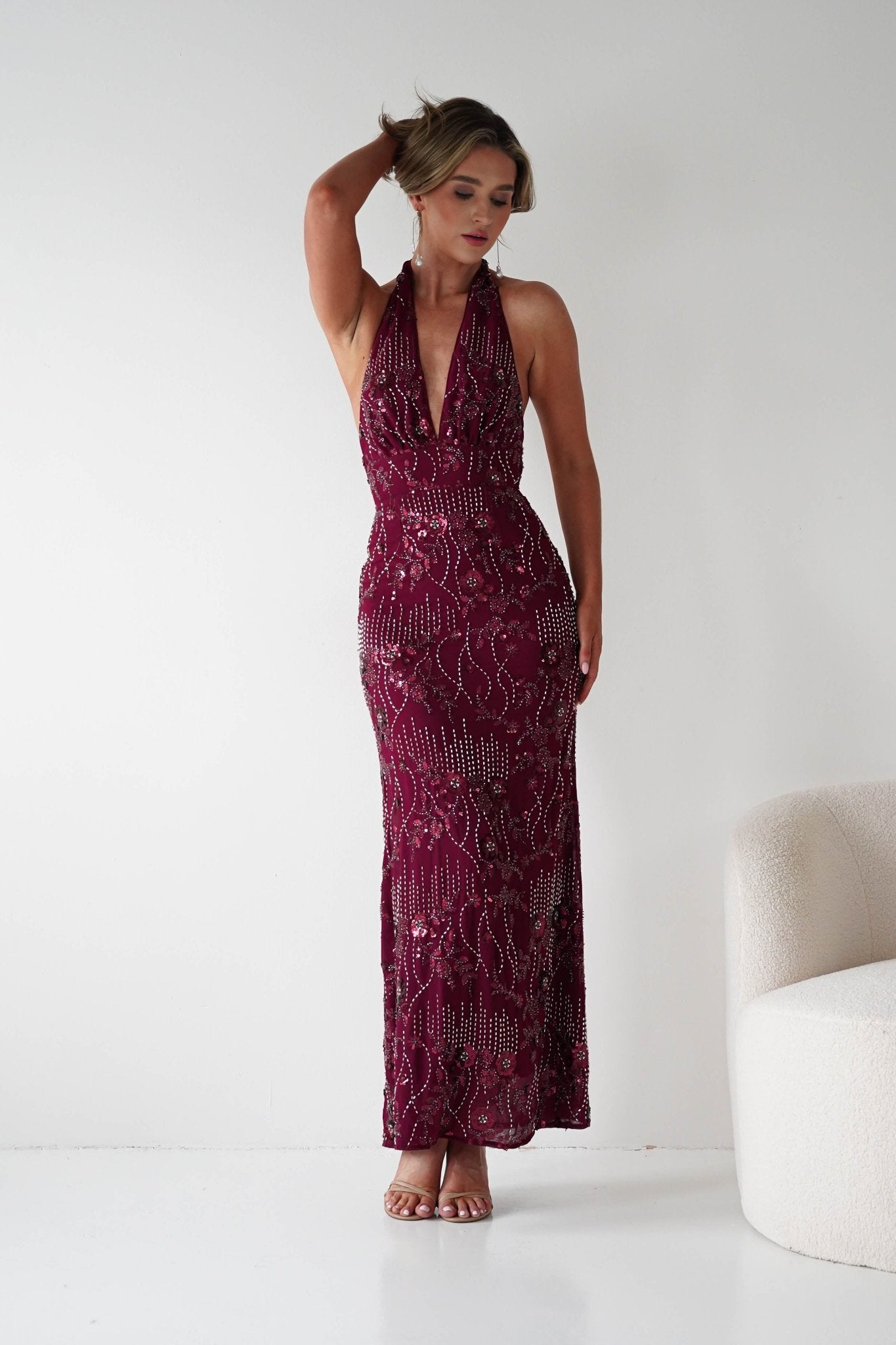 Sabrina Beaded Halterneck Maxi Dress in wine – fabric detail | Velora premium burgundy dresses