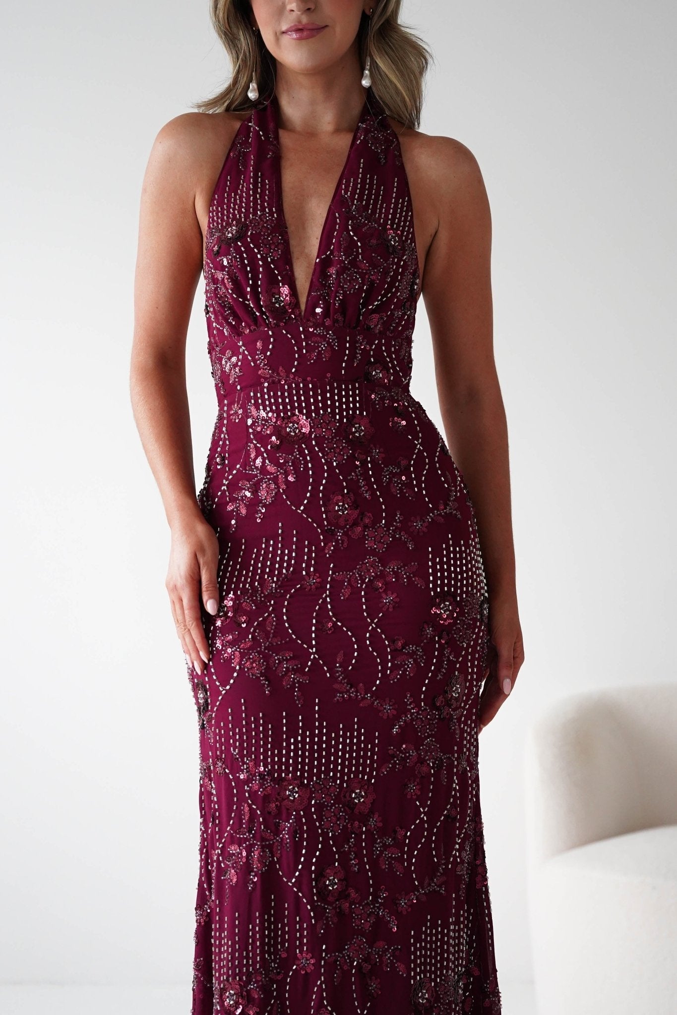Sabrina Beaded Halterneck Maxi Dress in wine – three-quarter view | Velora premium burgundy dresses