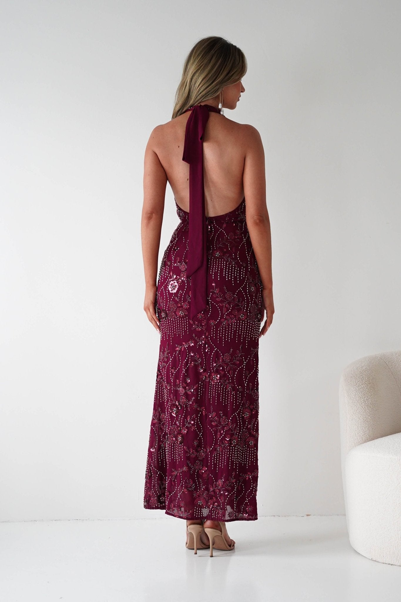 Sabrina Beaded Halterneck Maxi Dress in wine – movement shot | Velora premium burgundy dresses