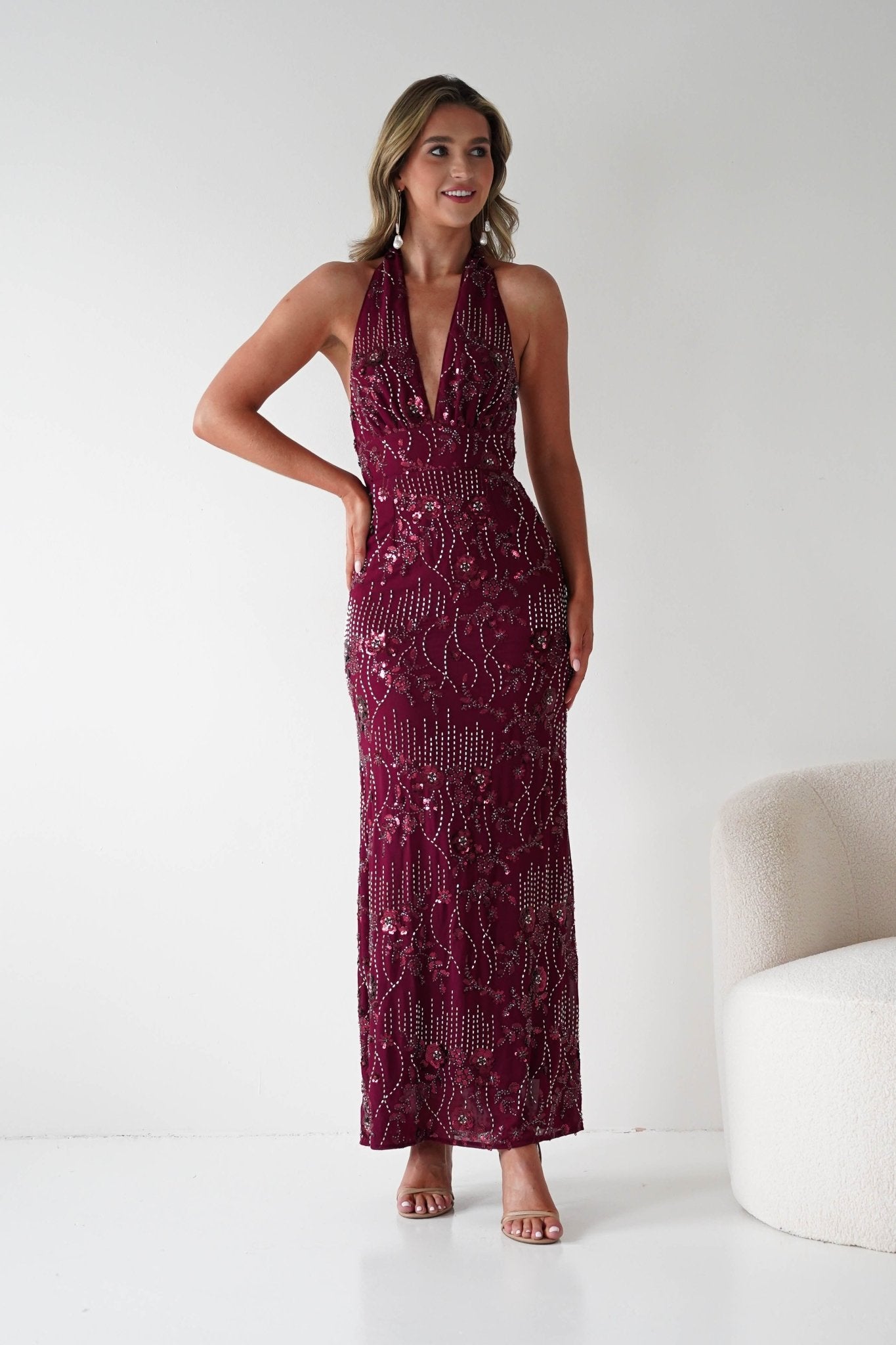 Sabrina Beaded Halterneck Maxi Dress in wine – hem detail | Velora premium burgundy dresses