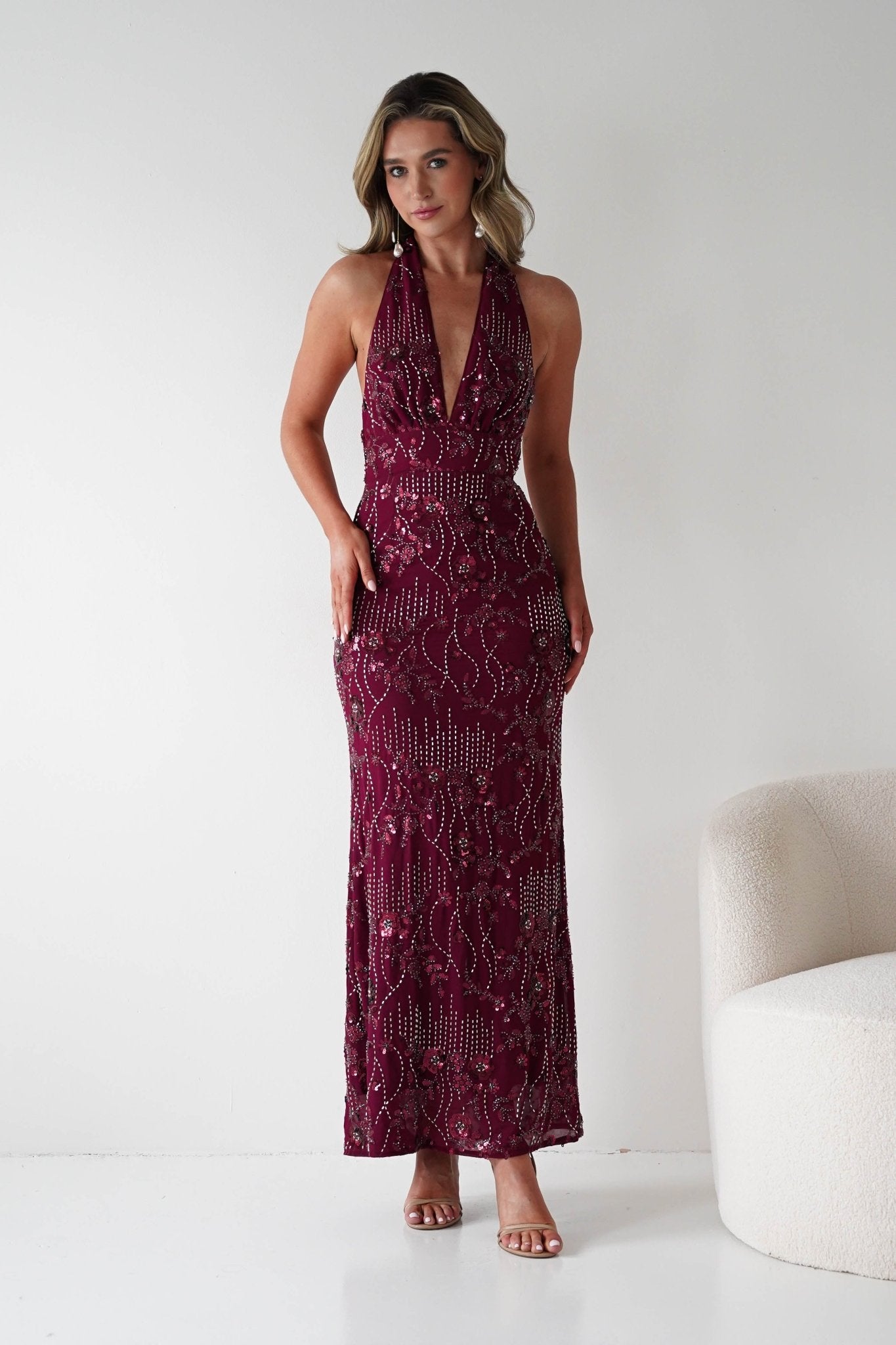 Sabrina Beaded Halterneck Maxi Dress in wine – side view | Velora premium burgundy dresses