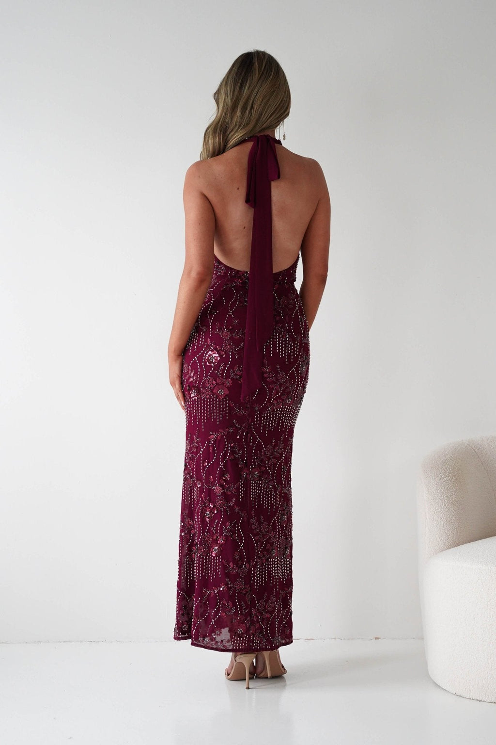Sabrina Beaded Halterneck Maxi Dress in wine – full length view | Velora premium burgundy dresses