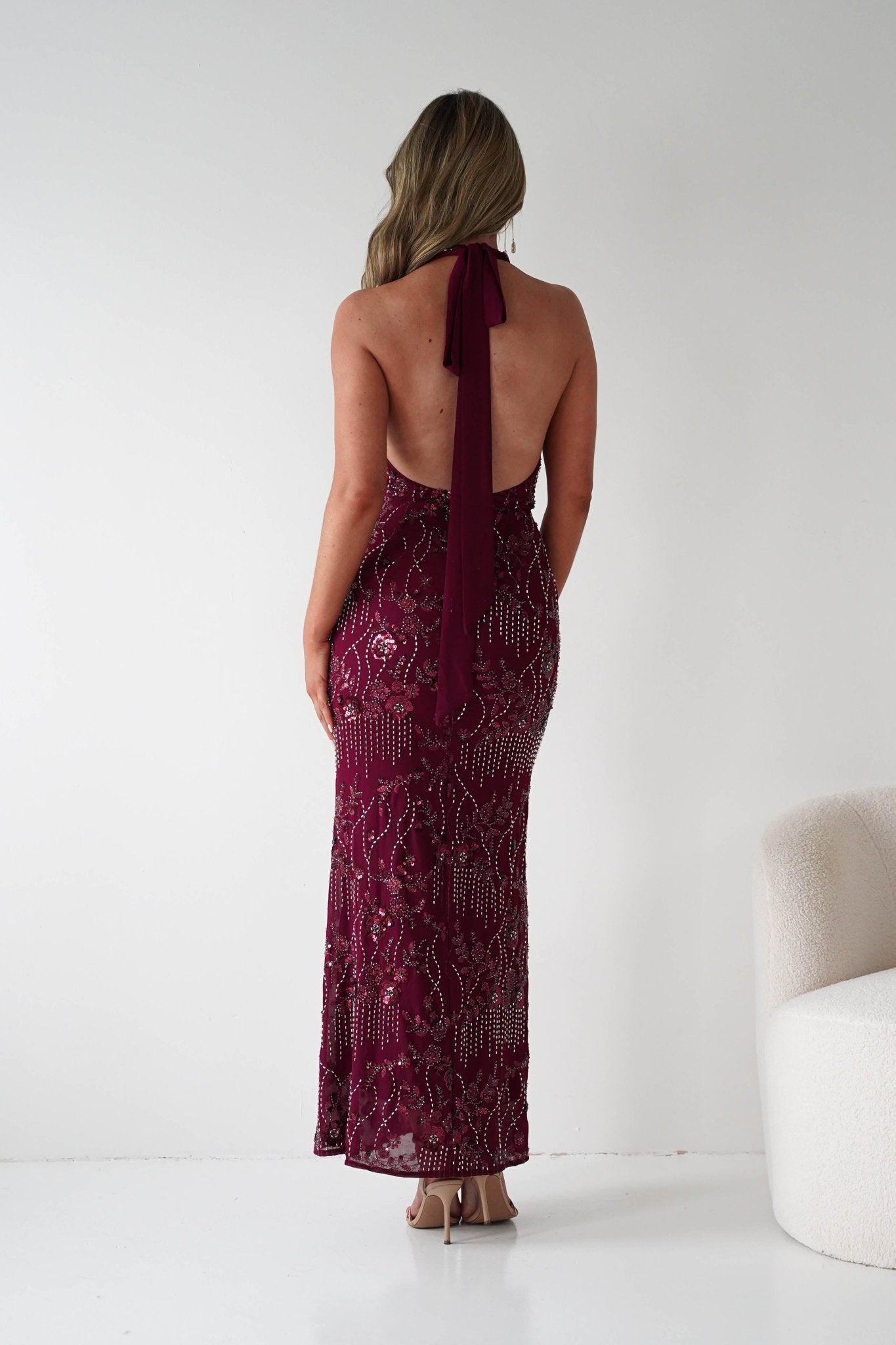 Sabrina Beaded Halterneck Maxi Dress in wine – full length view | Velora premium burgundy dresses