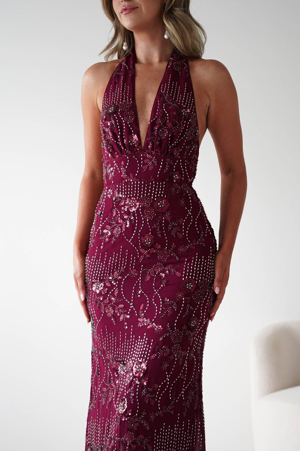 Sabrina Beaded Halterneck Maxi Dress in wine – close-up detail | Velora premium burgundy dresses