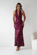 Sabrina Beaded Halterneck Maxi Dress in wine – front view | Velora premium burgundy dresses