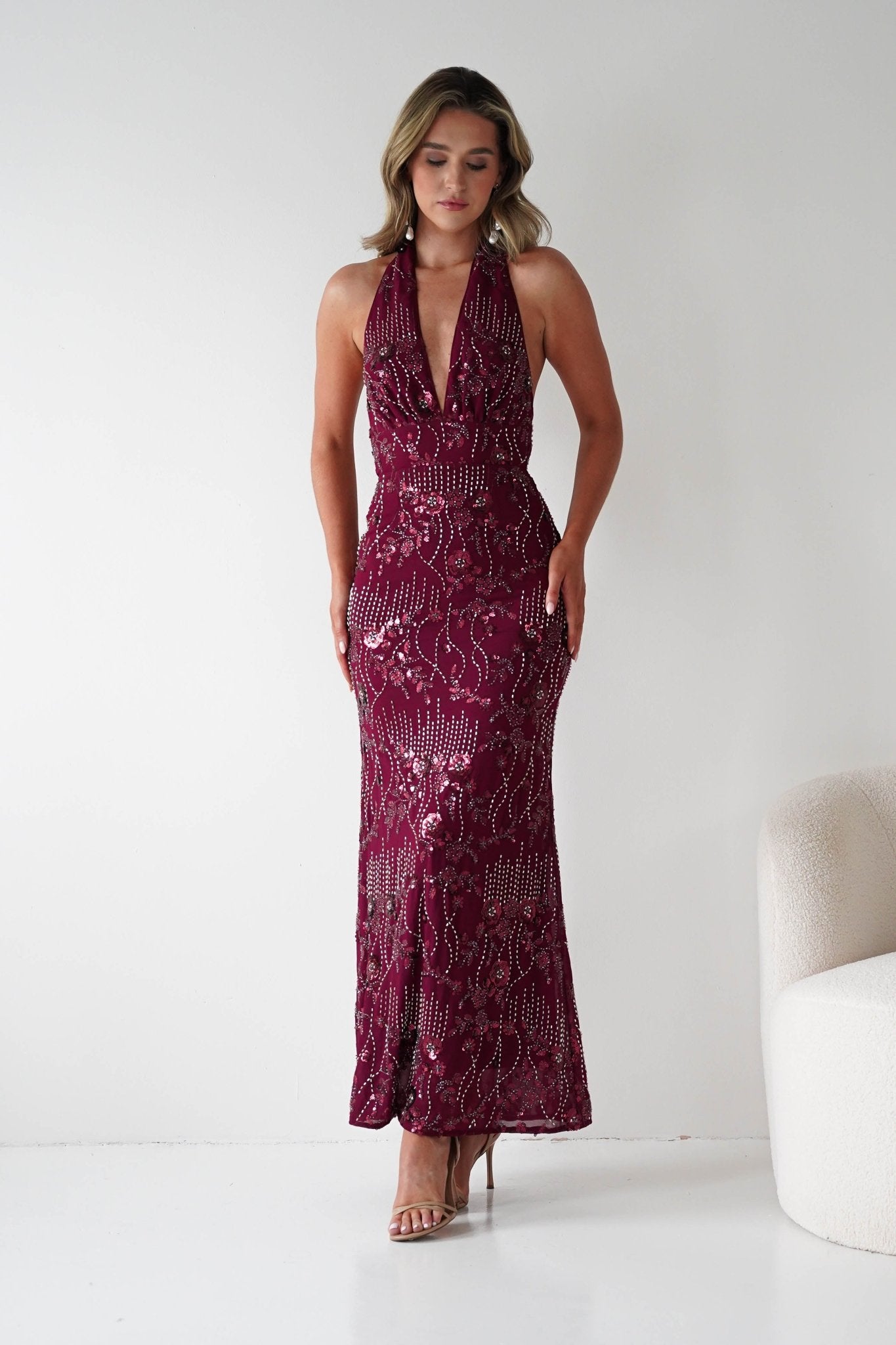 Sabrina Beaded Halterneck Maxi Dress in wine – front view | Velora premium burgundy dresses