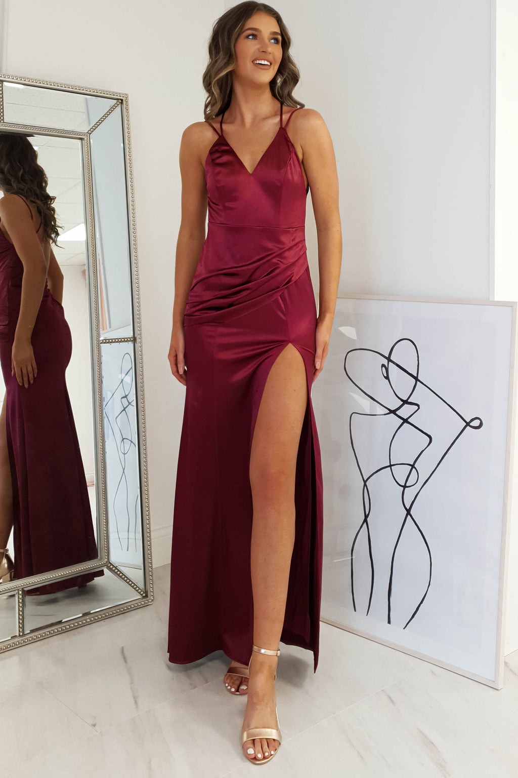 Simone Satin Gown in burgundy – side view | Velora premium burgundy dresses